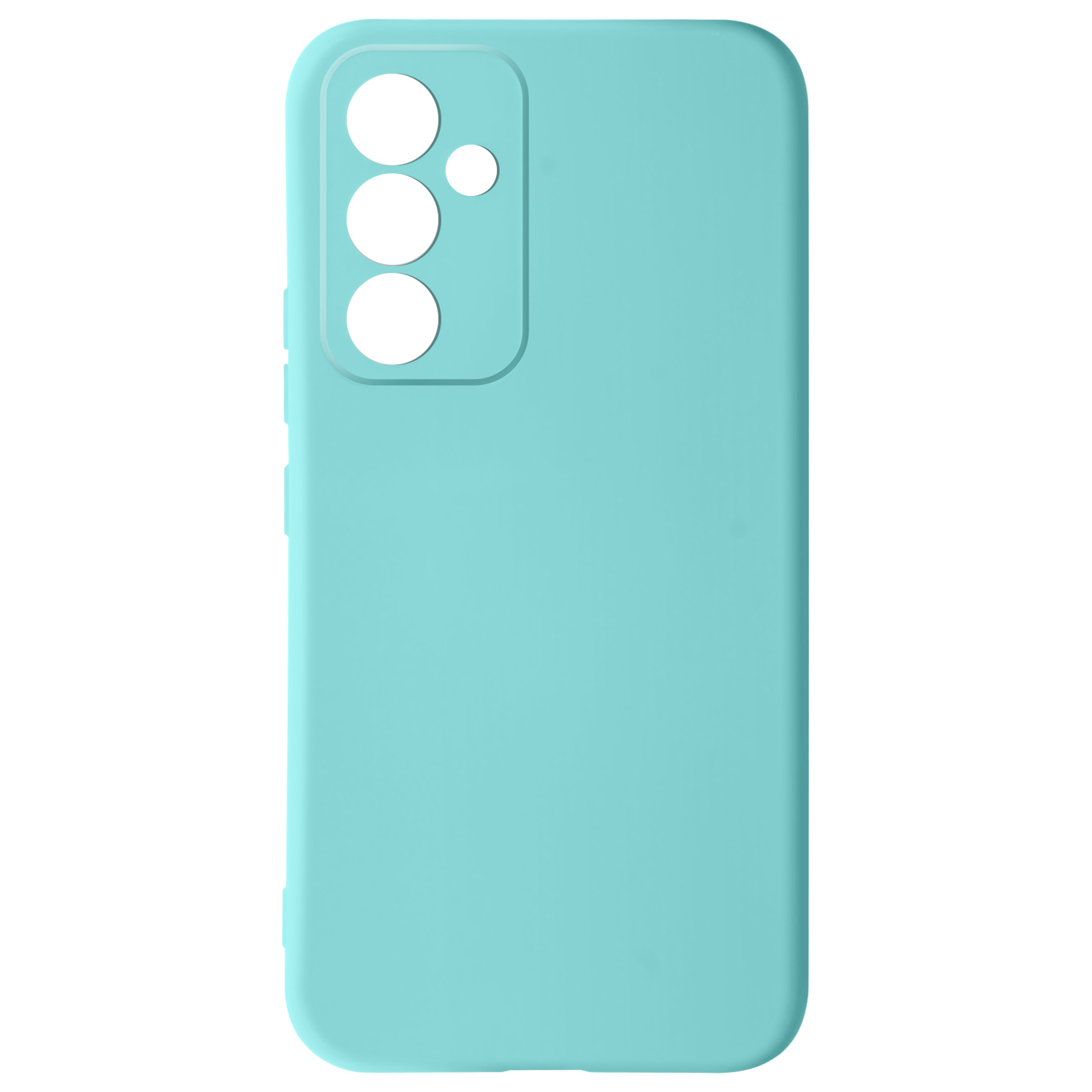 Custodia per telefono azzurra. Ritagli per fotocamera e pulsanti, con tre fori per la fotocamera.