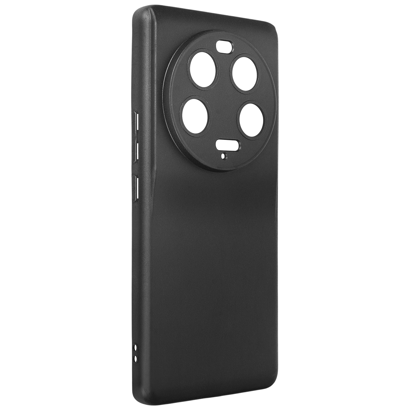 Custodia per telefono nera con un ritaglio circolare per la fotocamera e tre pulsanti laterali.