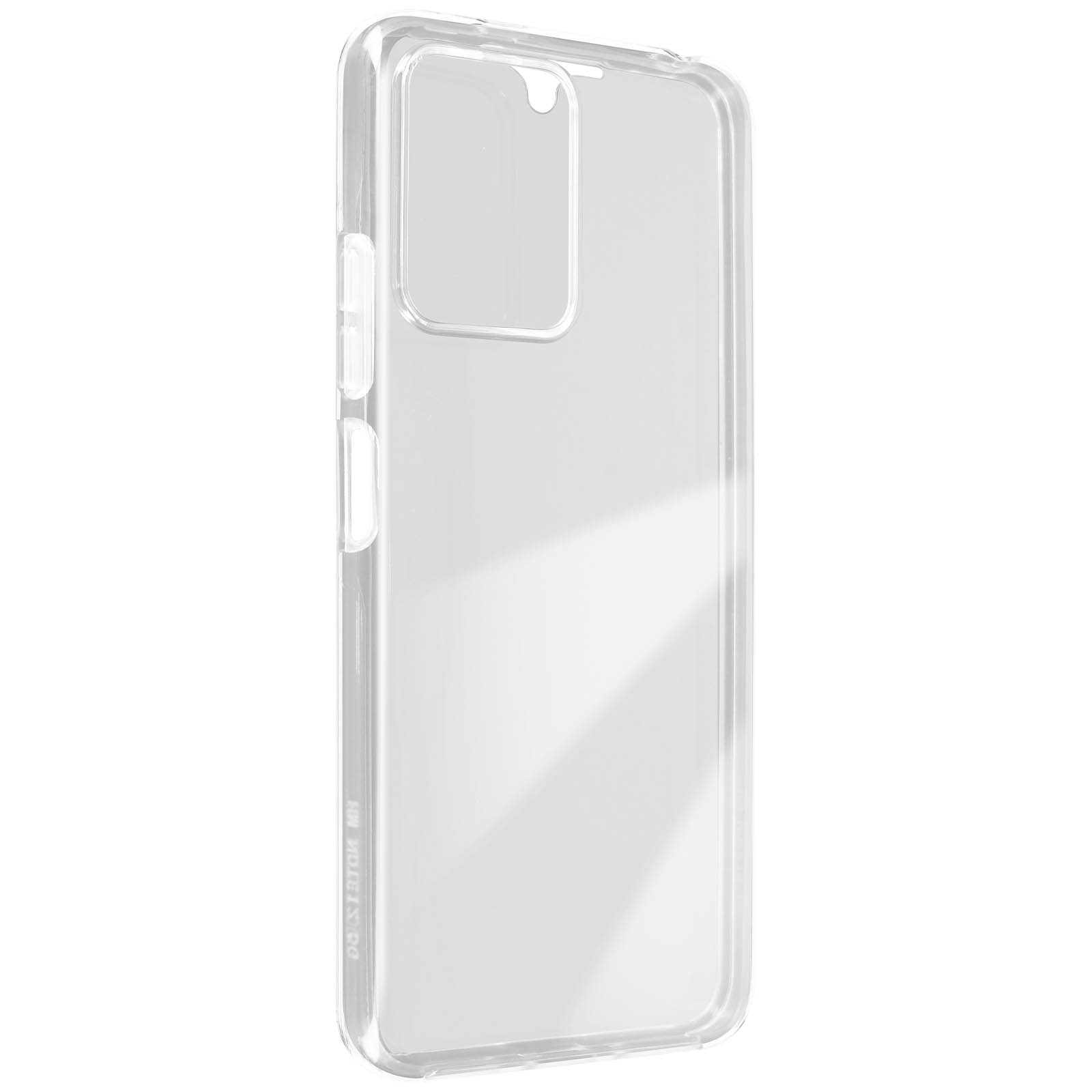 Una custodia per telefono in plastica trasparente, vista di lato, su sfondo bianco.