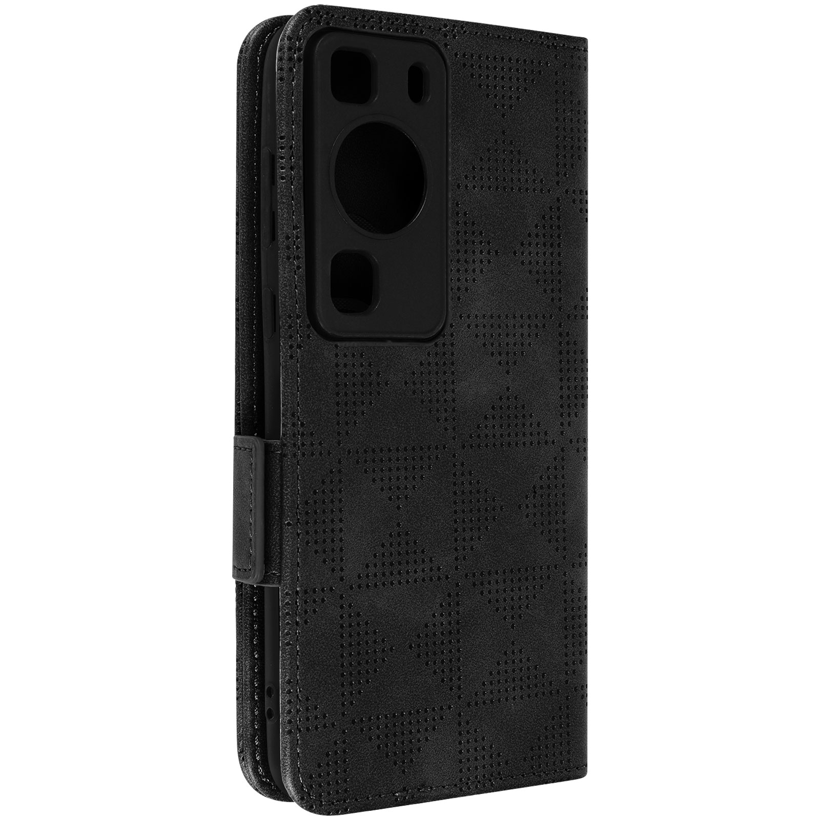 Custodia per telefono nera con texture a motivi e chiusura magnetica. È una custodia a portafoglio.