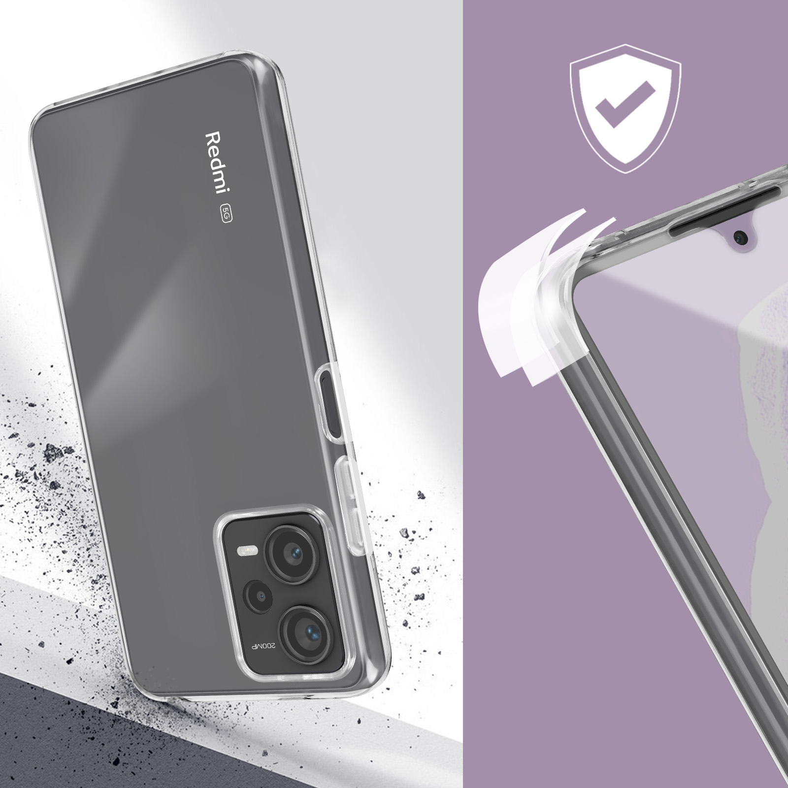 Custodia trasparente su un telefono grigio. Presenta una fotocamera con uno scudo protettivo.