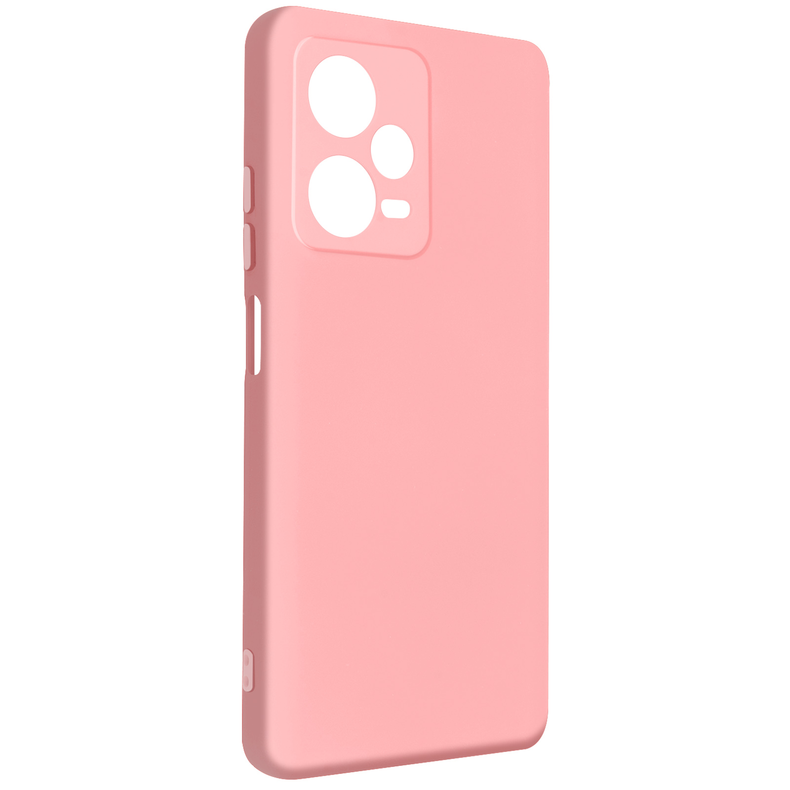 Custodia rosa per telefono con fori per fotocamera e pulsanti. La custodia è liscia e copre il retro del telefono.