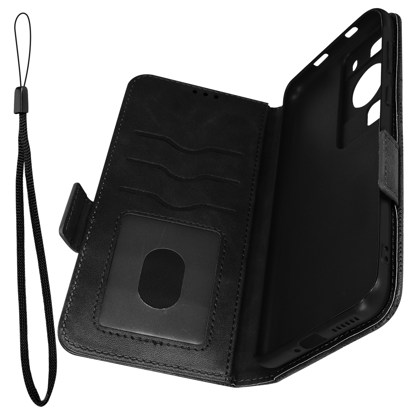 Una custodia per telefono nera aperta, con uno slot per carte e un cinturino, su sfondo bianco.