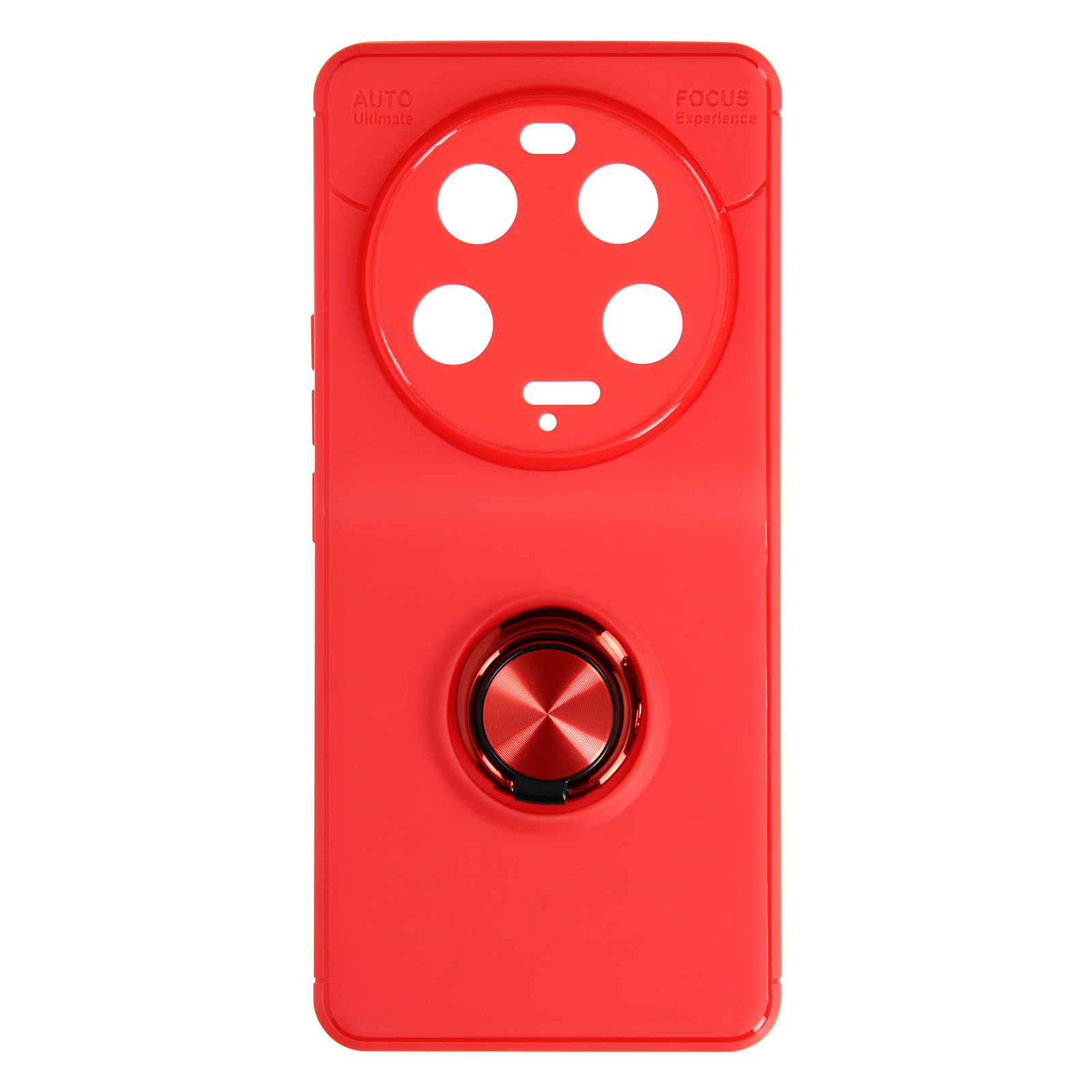 Custodia rossa per telefono con fori per fotocamera e anello circolare.