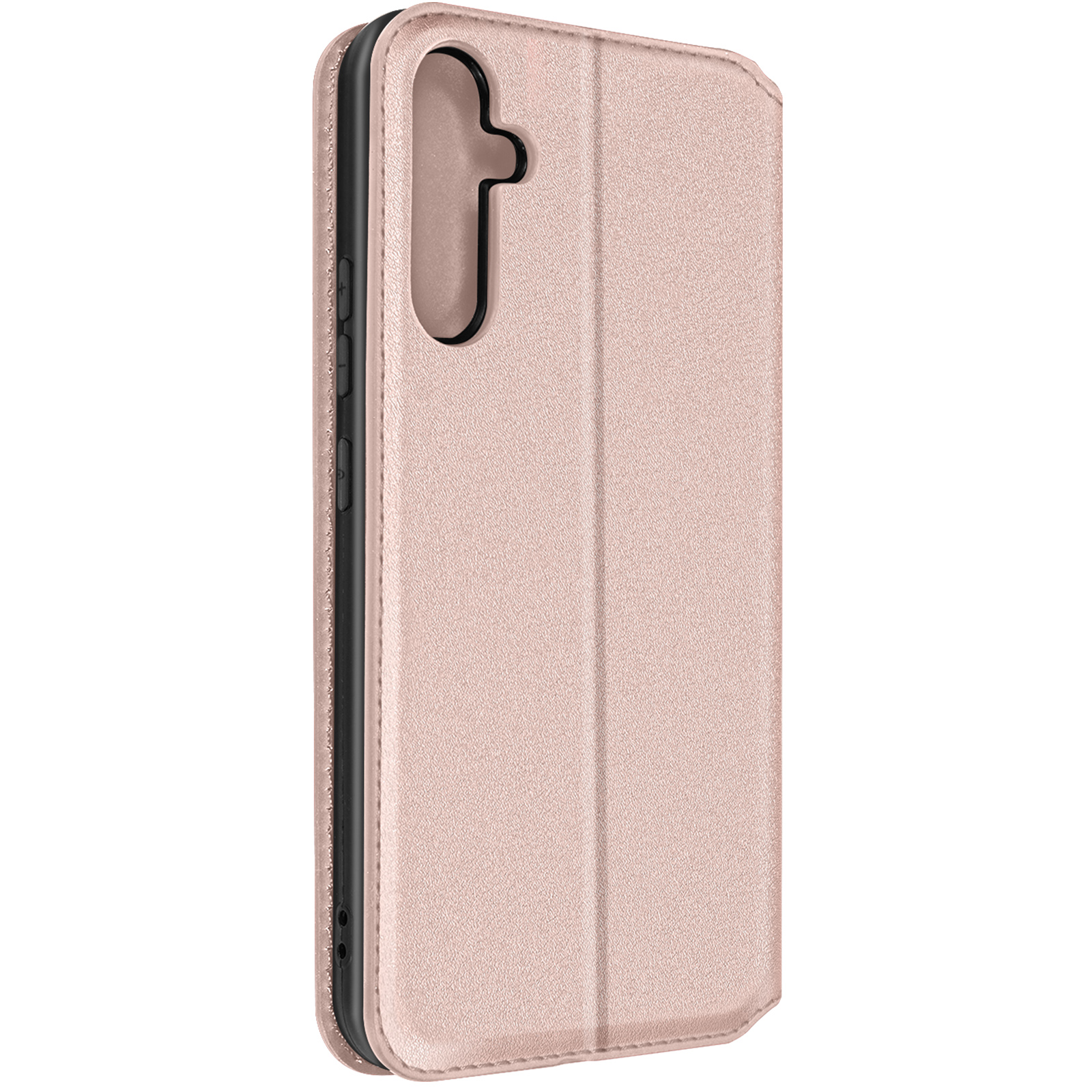 Una custodia per telefono rosa, chiusa, con un ritaglio per la fotocamera e un interno nero.