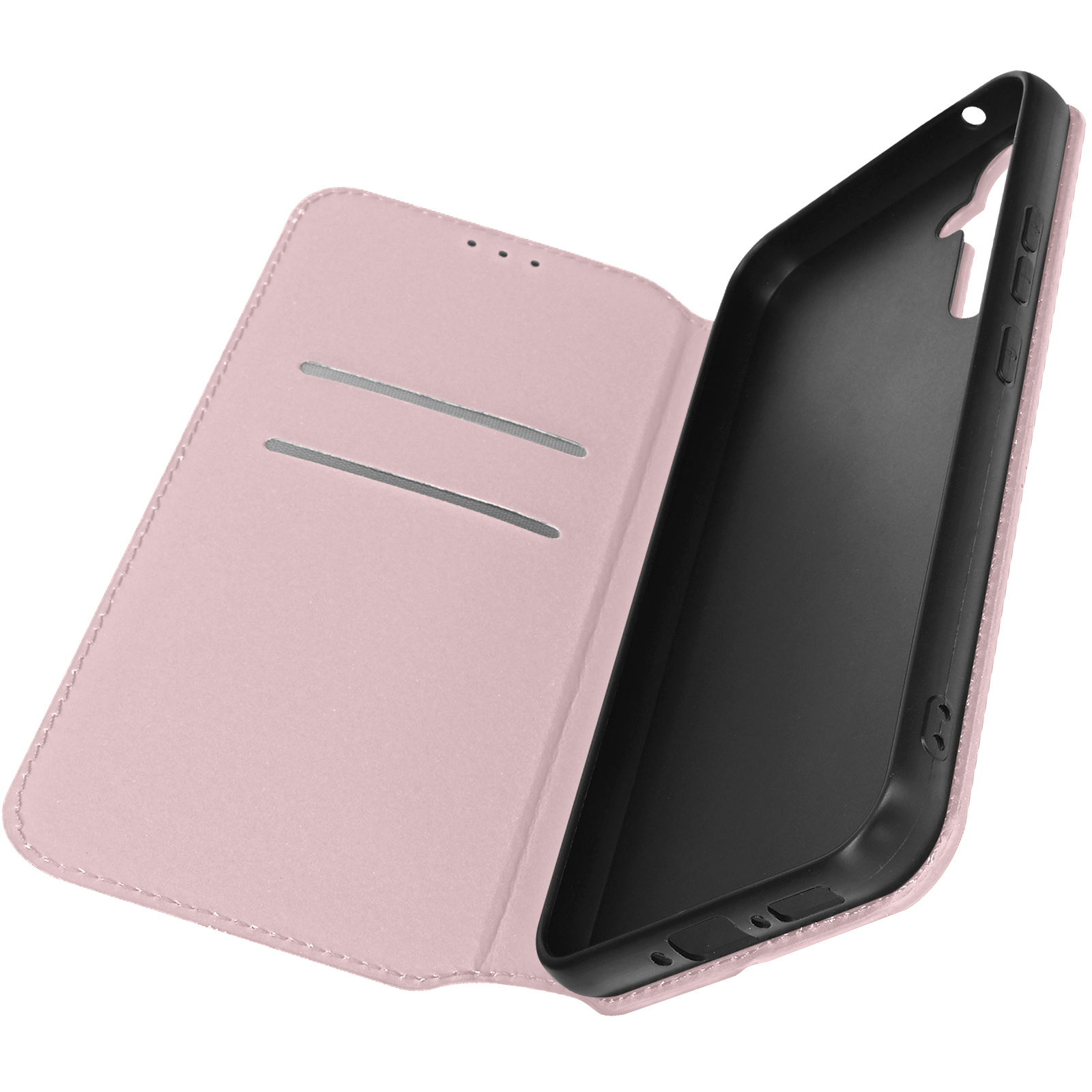 Custodia rosa per telefono aperta, che mostra l'interno. Con fessure per carte e supporto nero.