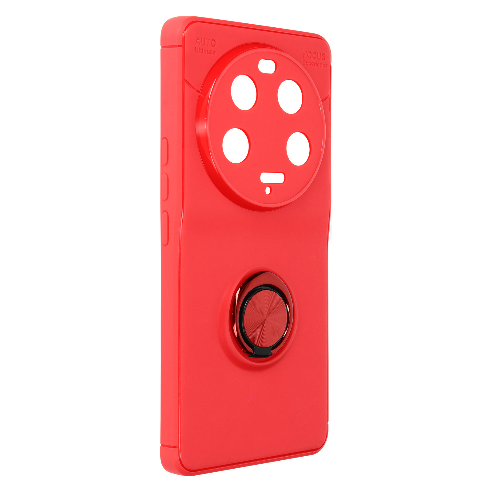 Custodia per telefono rossa con supporto ad anello circolare e un ritaglio per la fotocamera. Sfondo bianco.