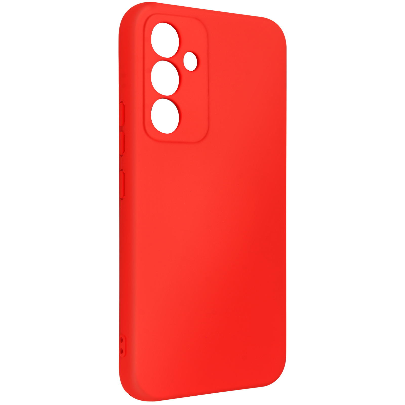 Una custodia per telefono rosso brillante con ritagli per fotocamera e pulsanti. La custodia è rosso pieno.
