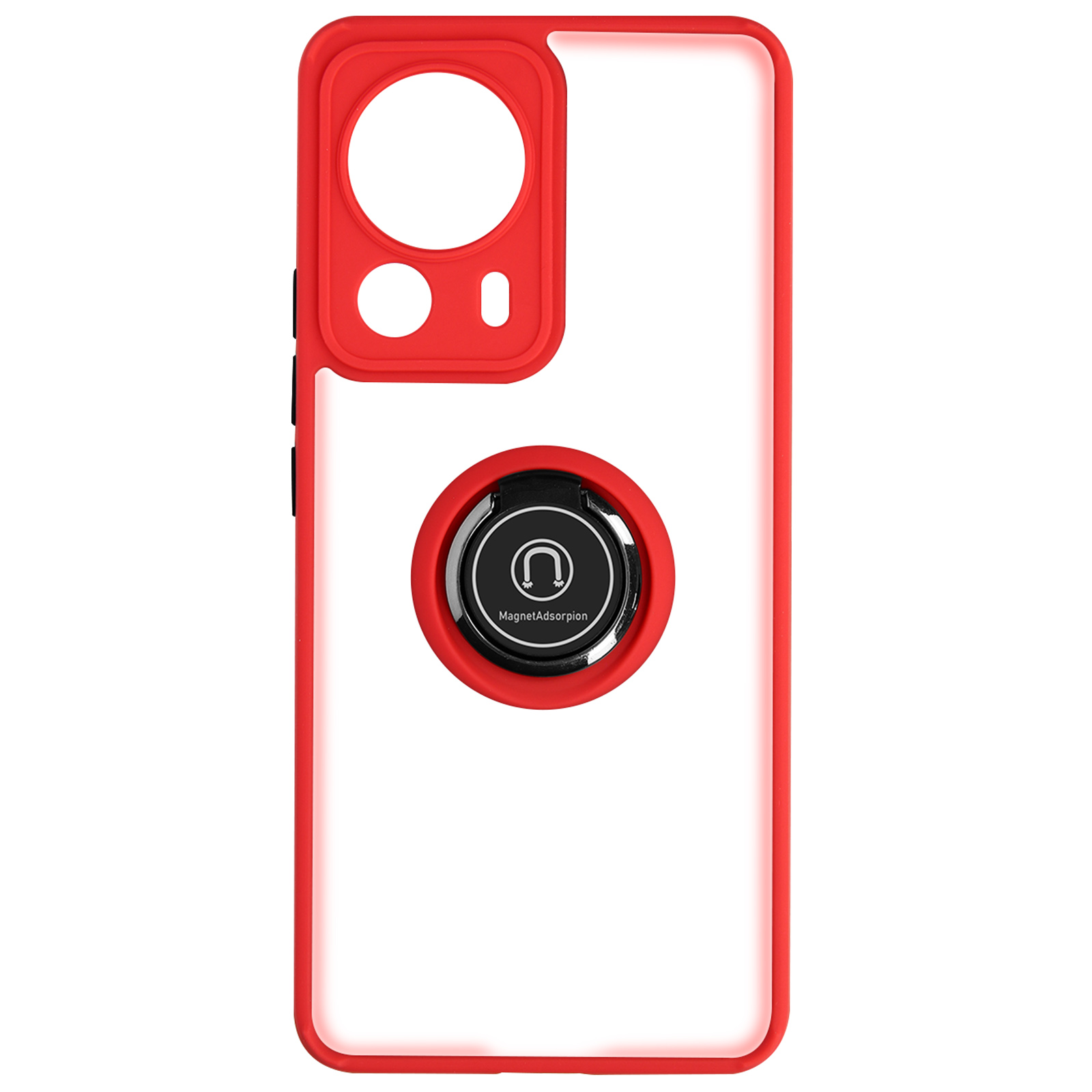 Custodia rossa per telefono con supporto ad anello, retro trasparente e anello fotocamera nero.