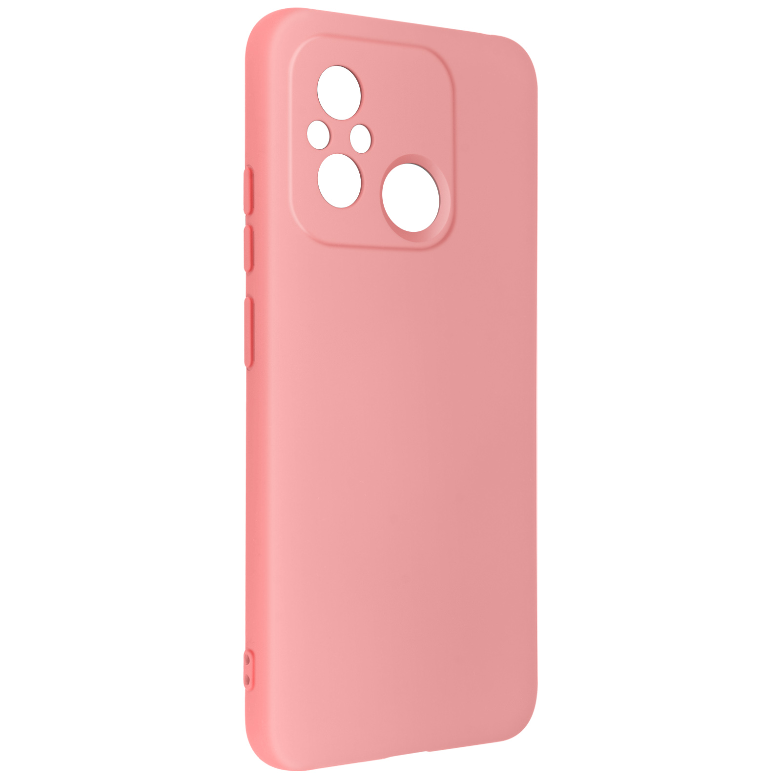 Una custodia rosa per telefono con ritagli per fotocamera e pulsanti, su sfondo bianco.