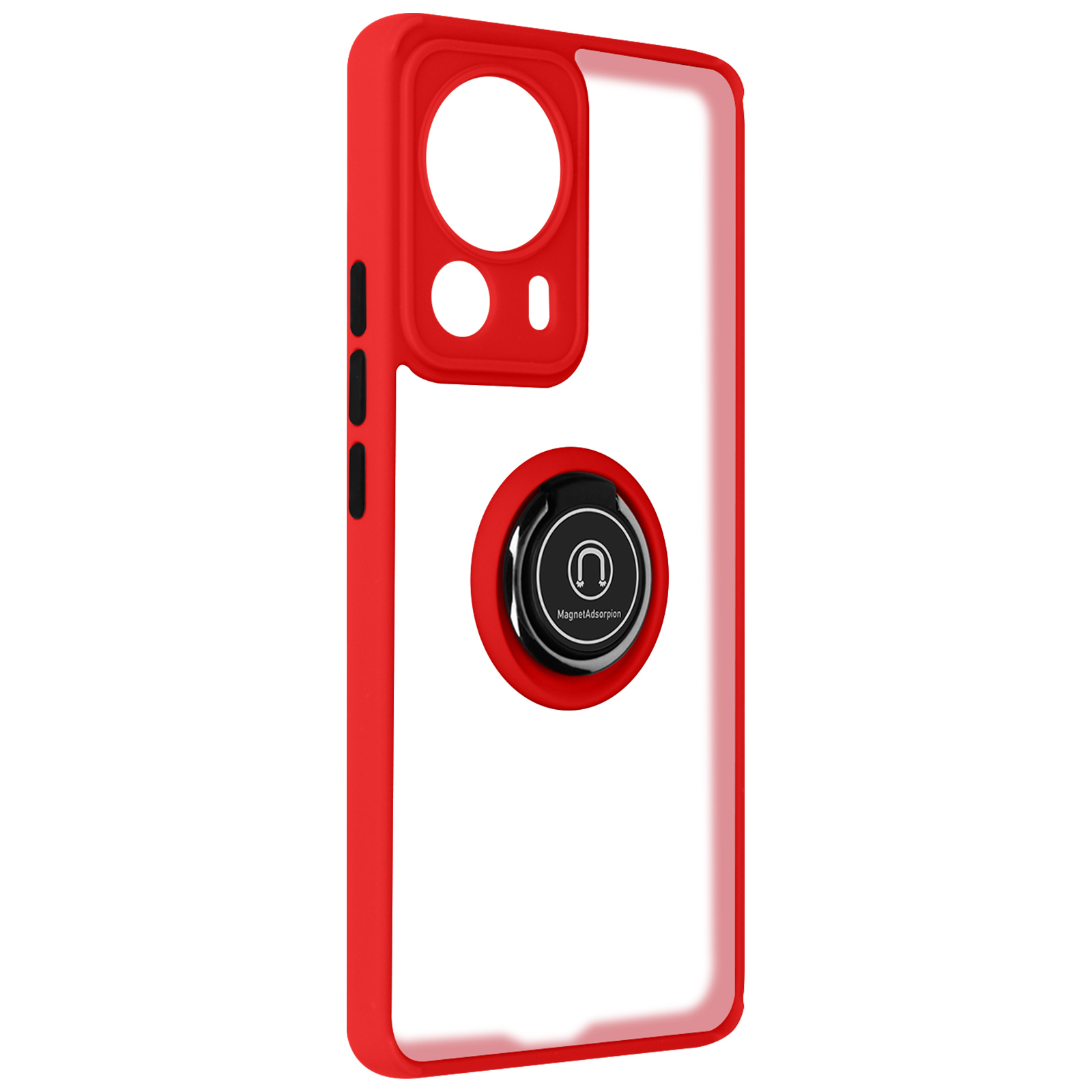 Custodia rossa per telefono con retro trasparente e anello nero.