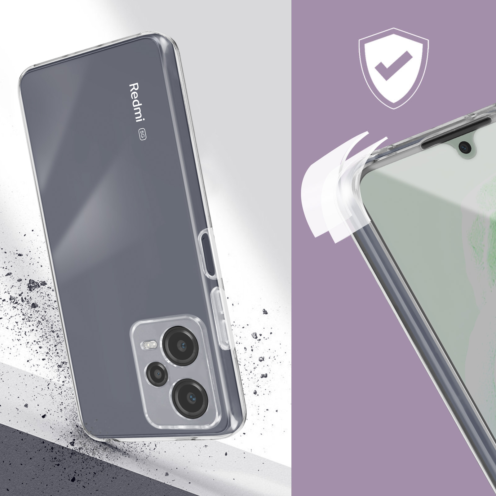 Eine transparente Handyhülle mit Redmi-Logo. Die Hülle liegt auf einer Oberfläche mit Schmutz.