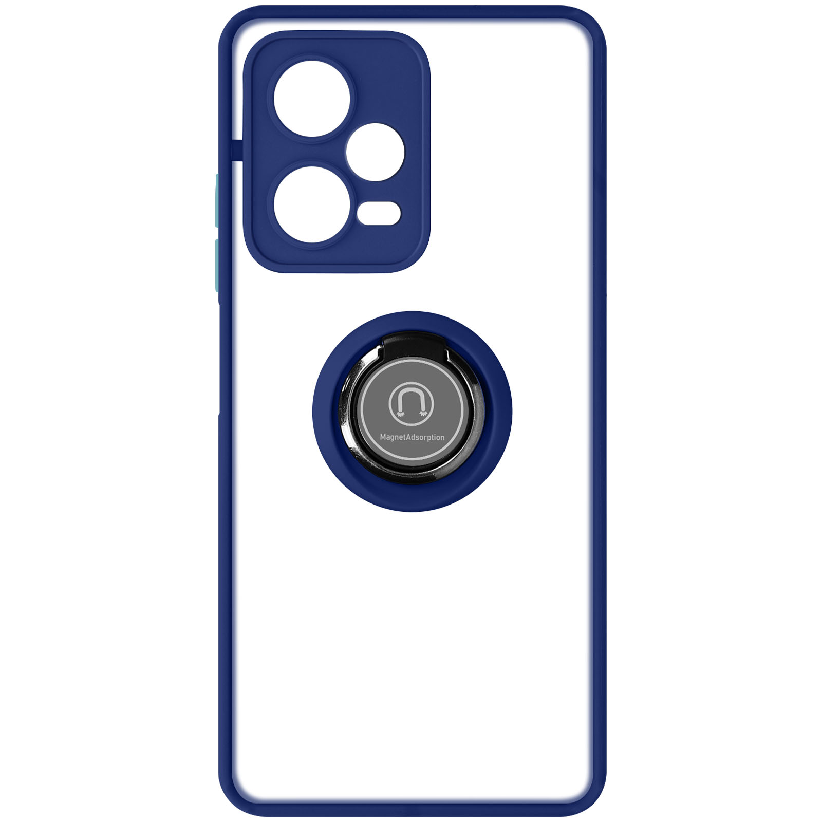 Custodia per telefono con cornice blu e supporto ad anello argentato sul retro.