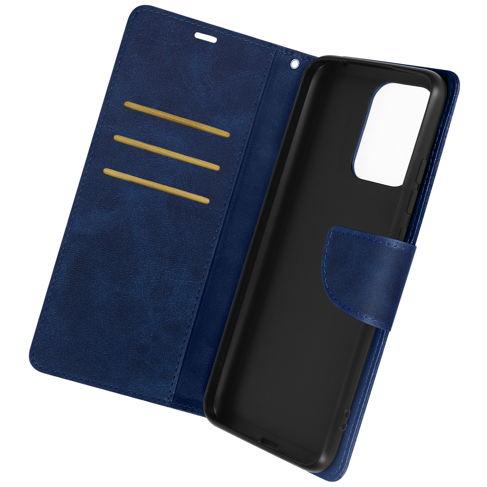 Custodia per telefono in pelle blu aperta, con tre slot per carte e un telefono nero.