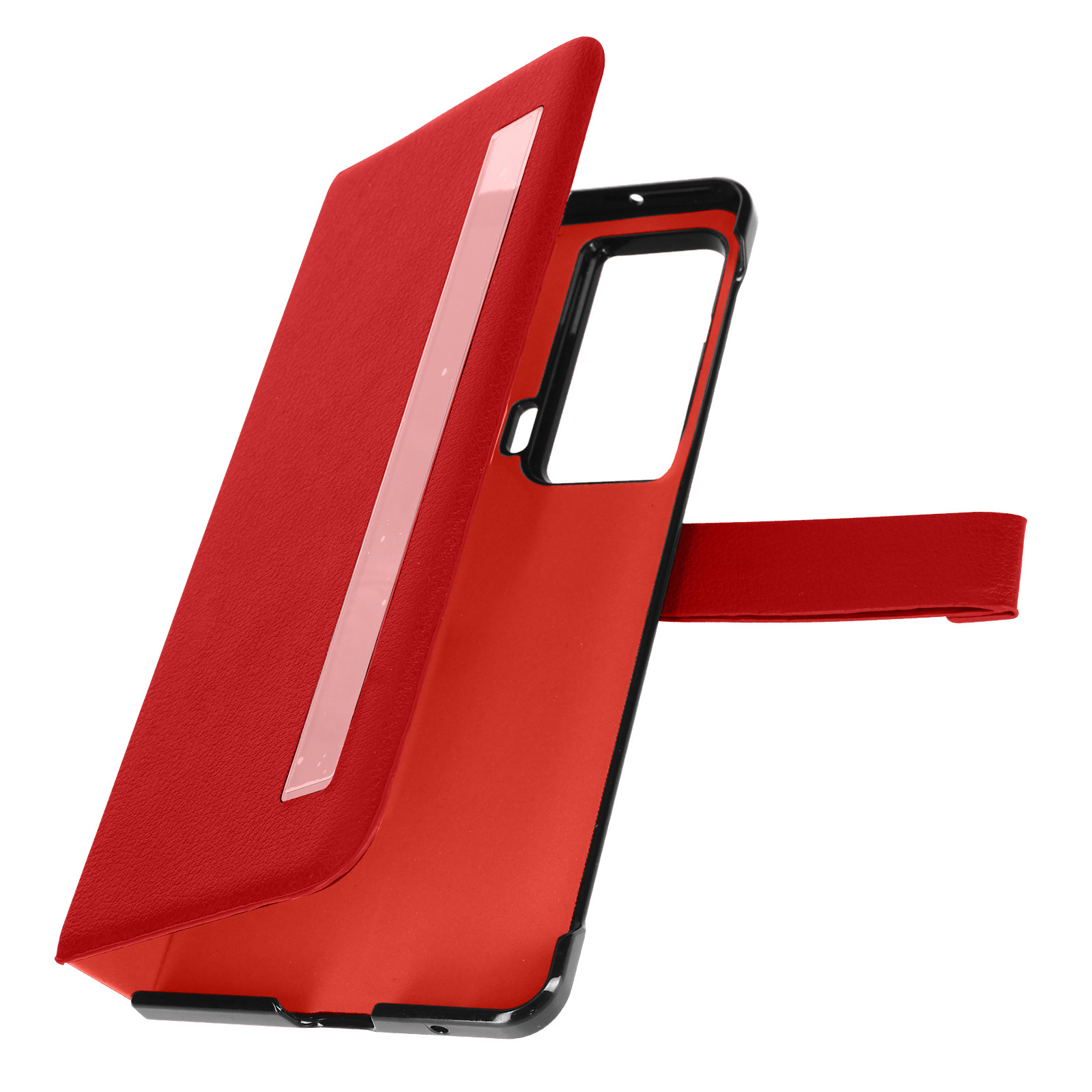 Custodia rossa per telefono, aperta. Interno rosso, cornice nera. La custodia è aperta, rivelando il design interno.
