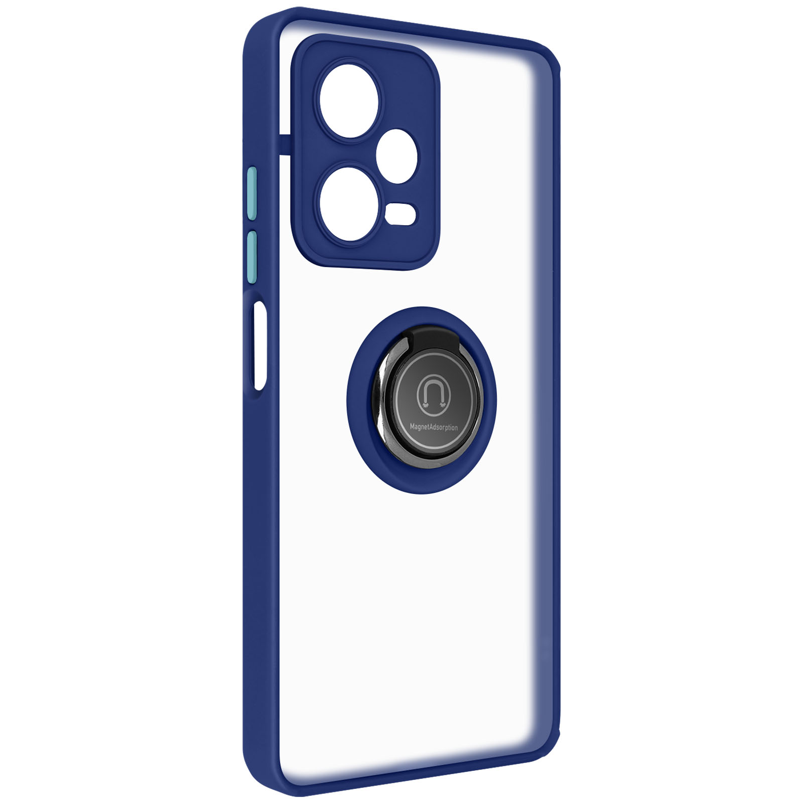 Una custodia blu per telefono con supporto ad anello. La custodia è trasparente.