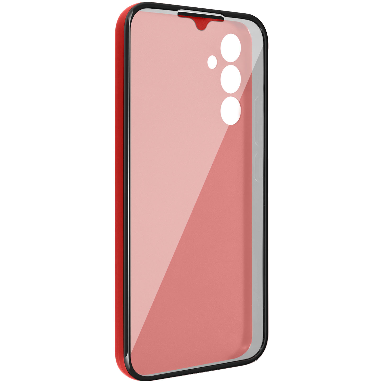Custodia rossa per telefono con copertura in vetro trasparente e telefono all'interno.