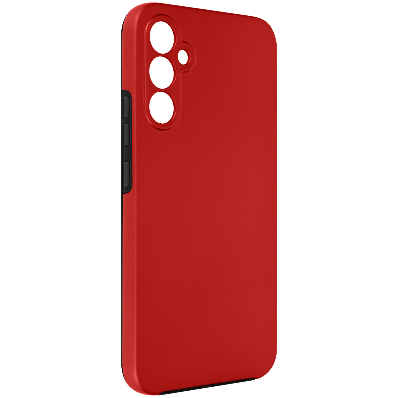 Custodia rossa per telefono con tre fori per fotocamera e un pulsante laterale. Accento nero.