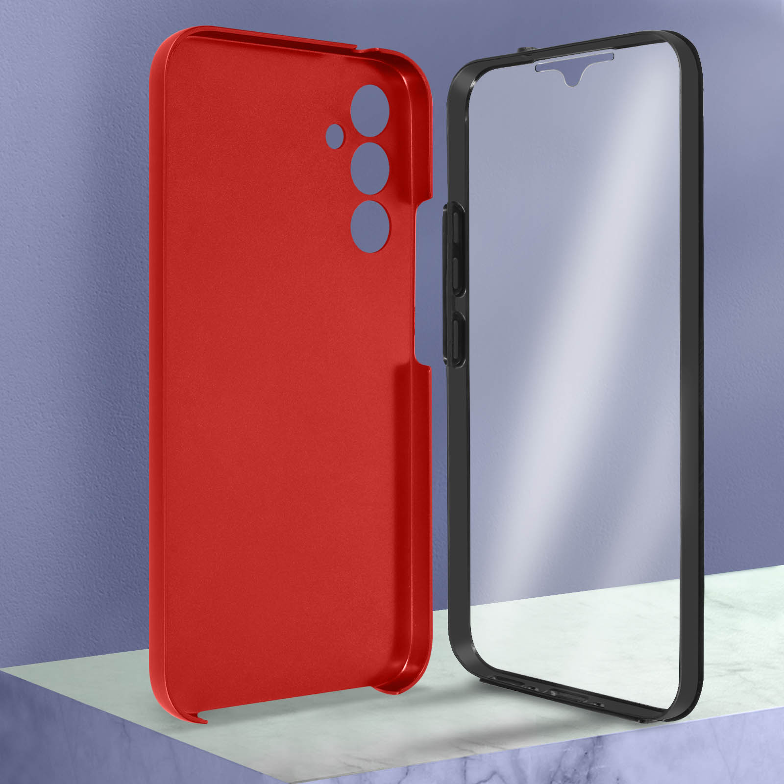 Custodia per telefono rossa con tre fori per fotocamera, bordo nero, su sfondo viola.
