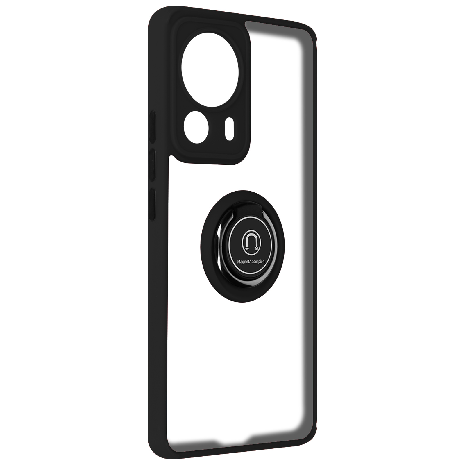 Custodia nera per telefono con anello di supporto. L'anello di supporto ha un logo. Sfondo bianco.