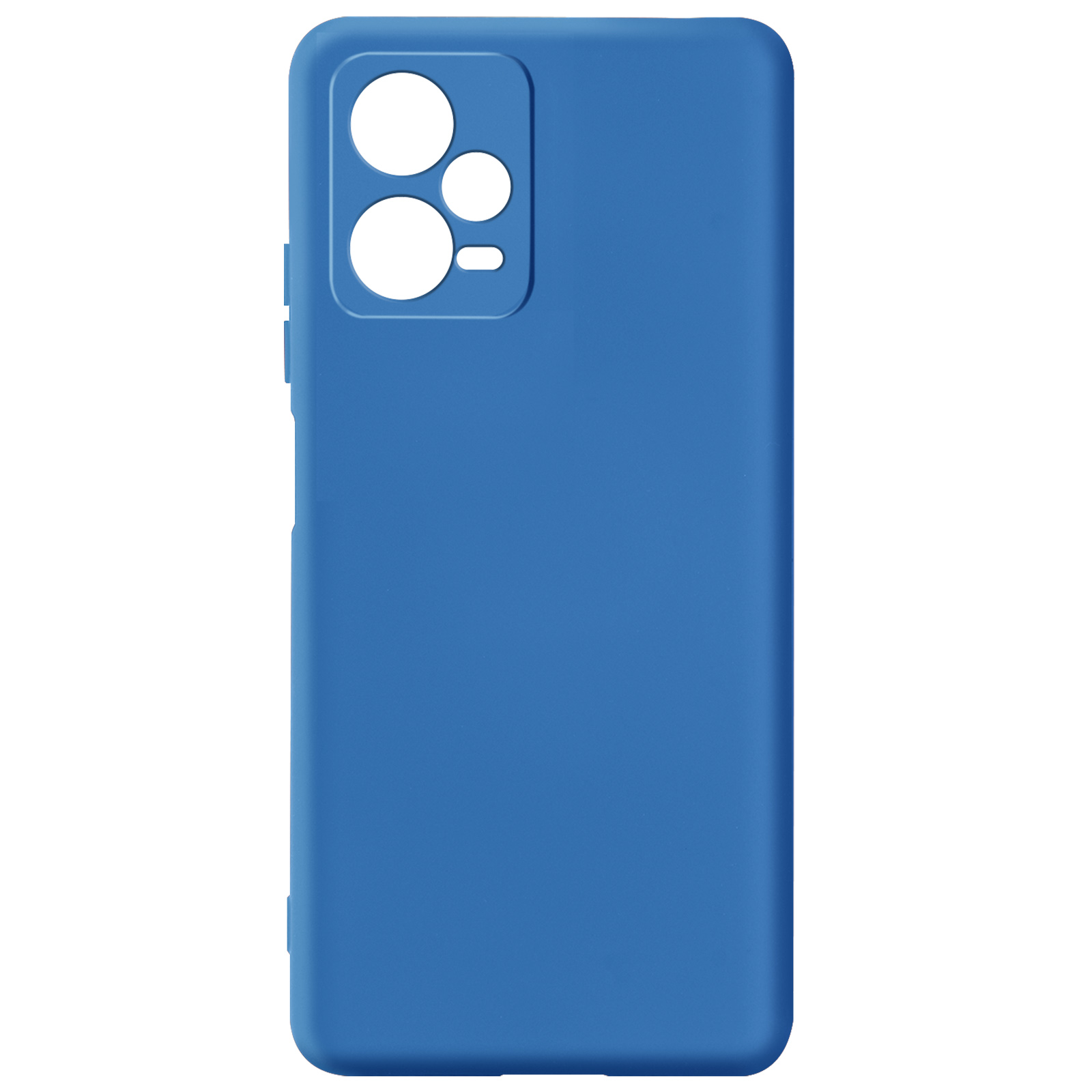 Custodia per telefono blu con ritagli per fotocamera e pulsanti. Il retro è liscio.