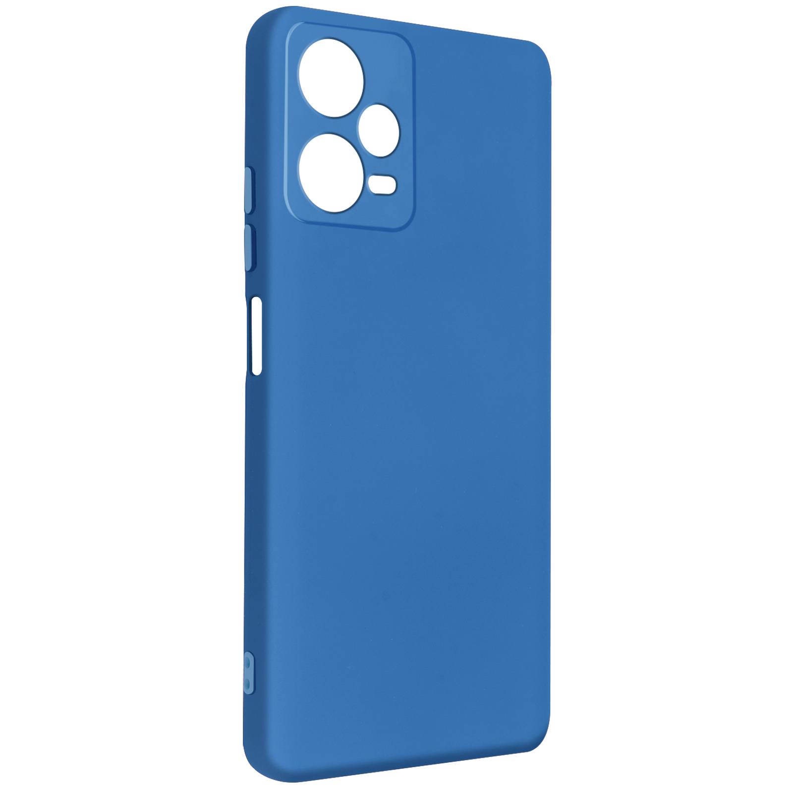 Custodia blu per telefono con fori per fotocamera. Tinta unita, superficie liscia e bordi arrotondati.