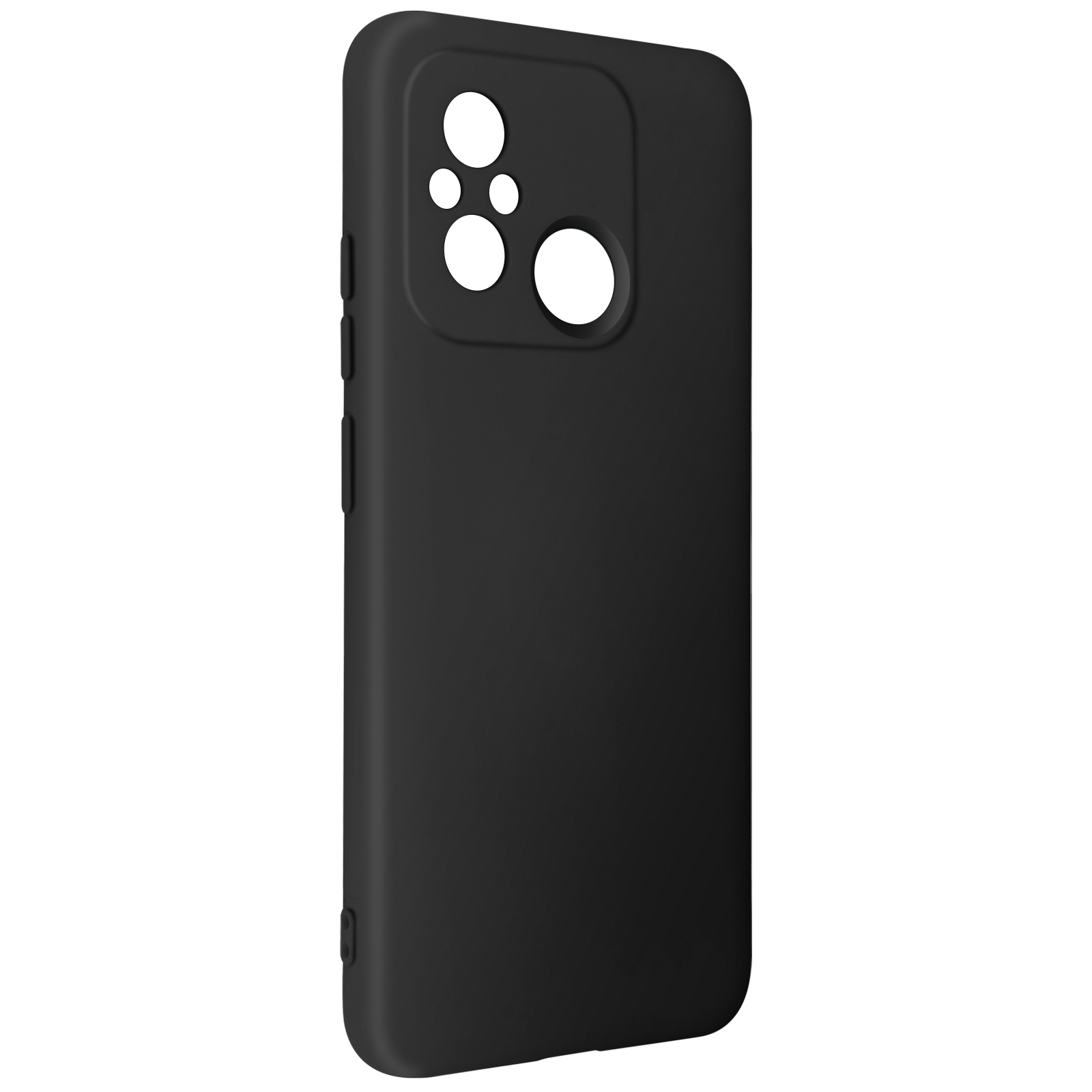 Custodia nera per telefono. Ha aperture per la fotocamera e i pulsanti. Superficie liscia.