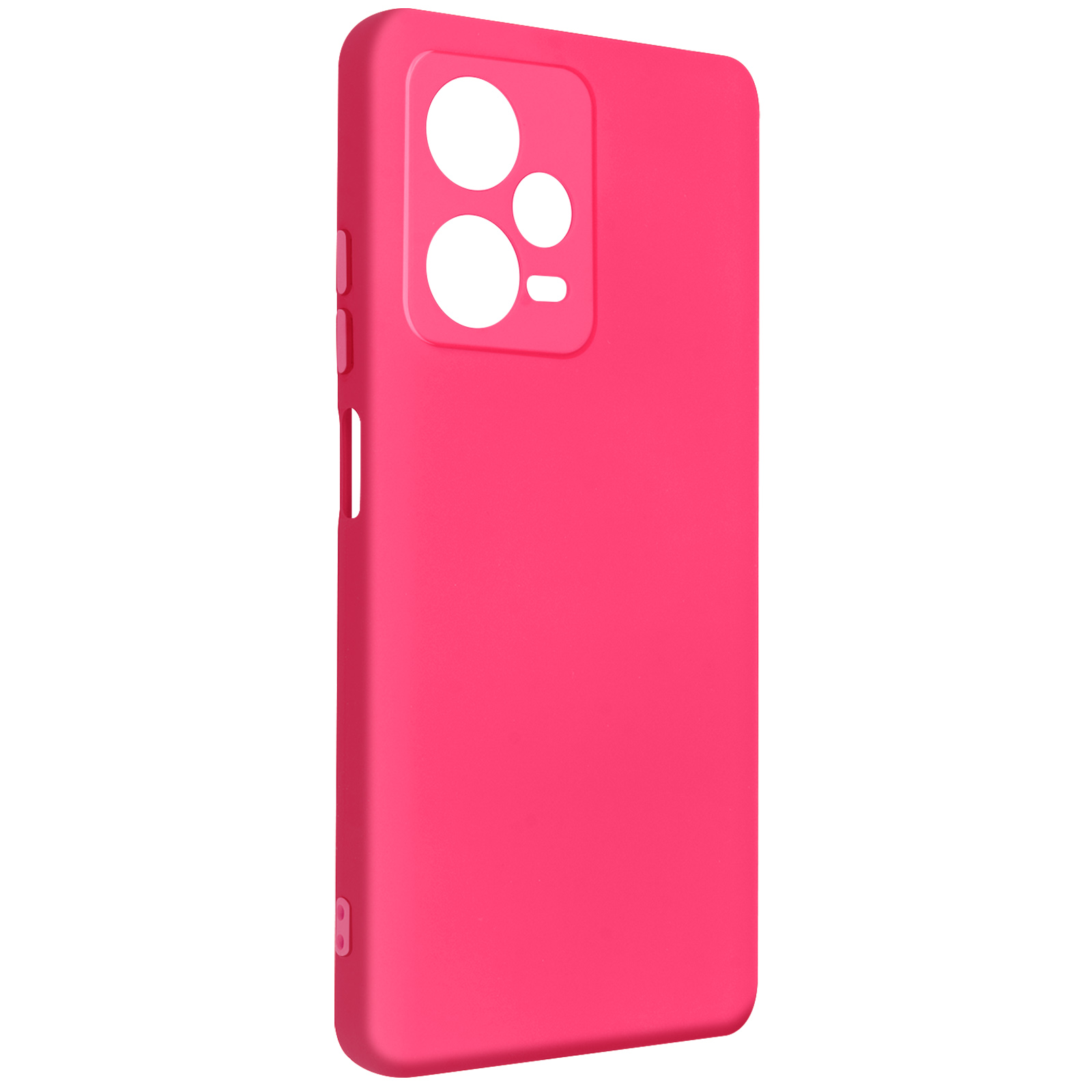 Custodia rosa per telefono con fori per fotocamera, vista angolata, su bianco.