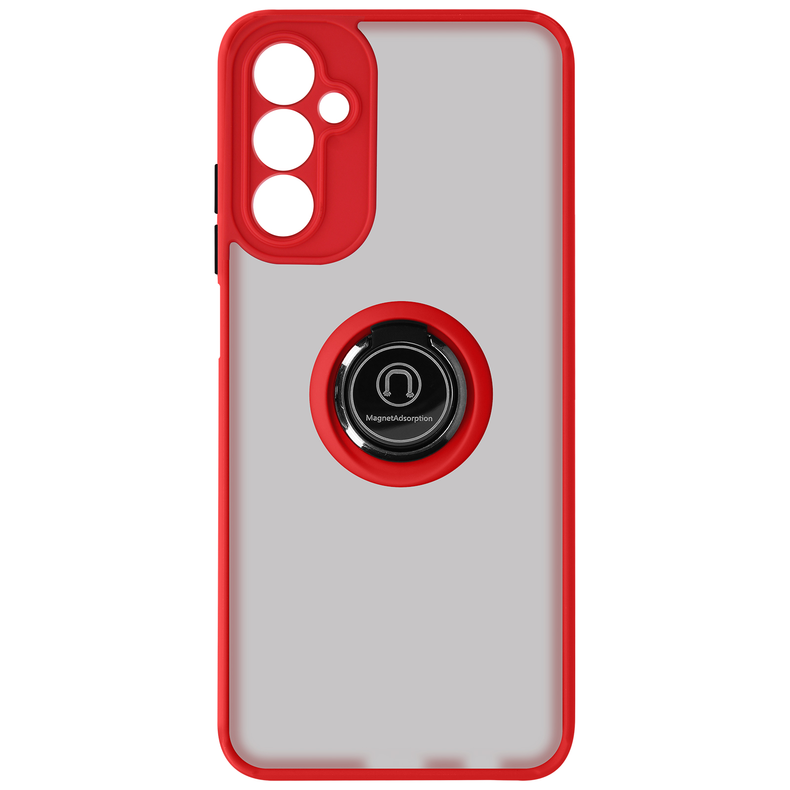 Custodia per telefono rossa con retro trasparente e anello nero.