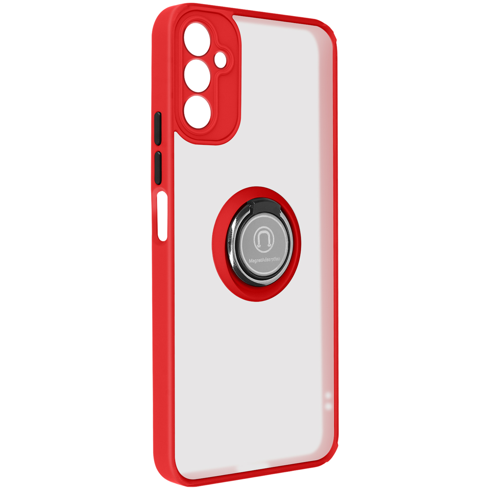 Custodia per telefono rossa con retro trasparente e supporto ad anello argentato.