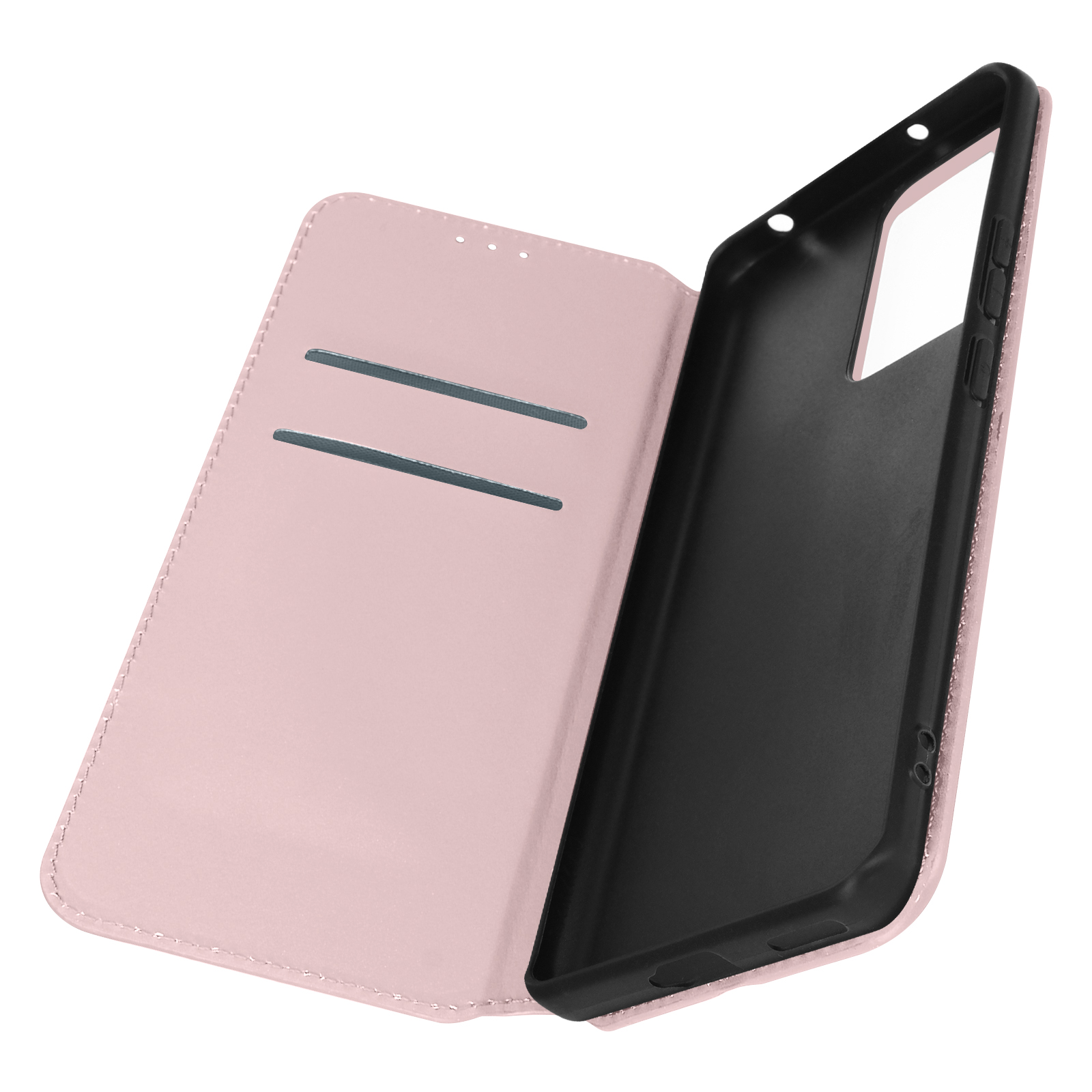 Custodia per telefono rosa con due fessure per carte aperta che mostra l'interno.