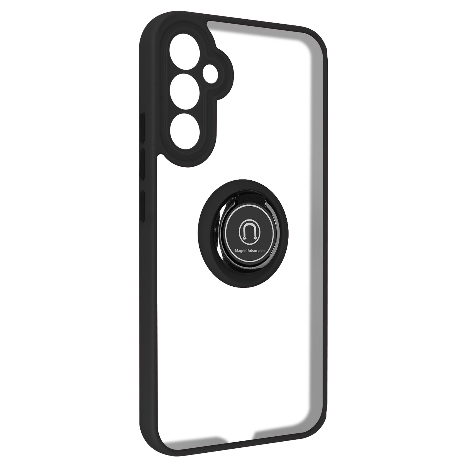 Una custodia nera per telefono con retro trasparente e un supporto ad anello.