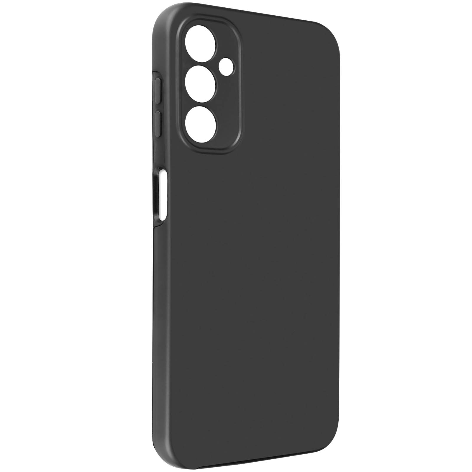 Custodia per telefono nera, con fori per fotocamera e pulsanti, su sfondo bianco.