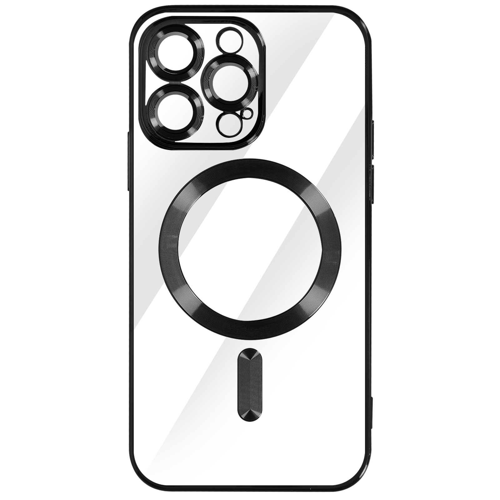 Custodia trasparente per telefono con anello e cerchi neri. La custodia ha un cerchio magnetico.