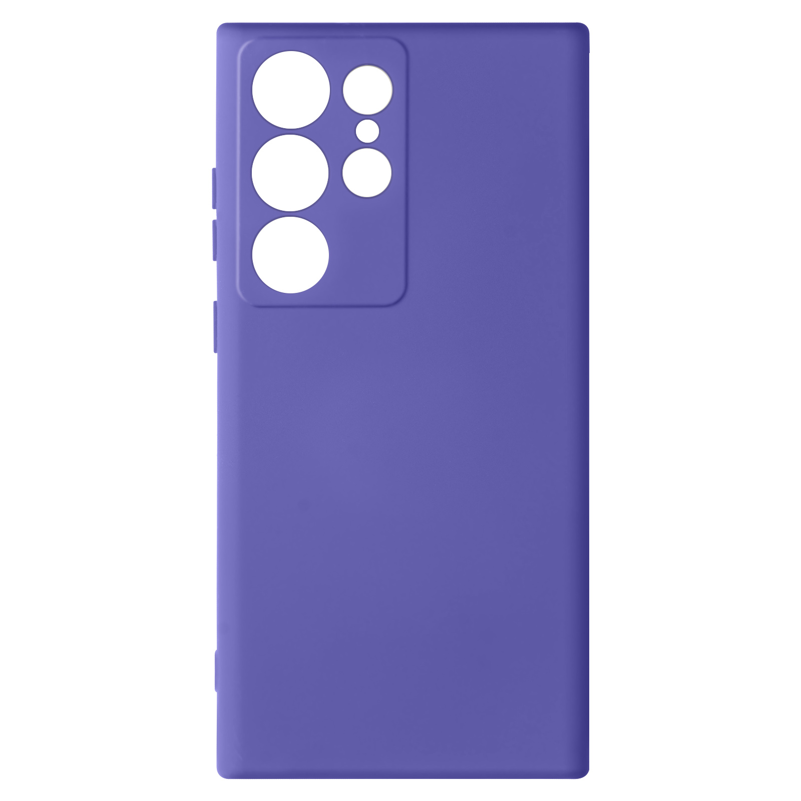 Custodia viola. Finitura liscia con fori per fotocamera e pulsanti laterali.