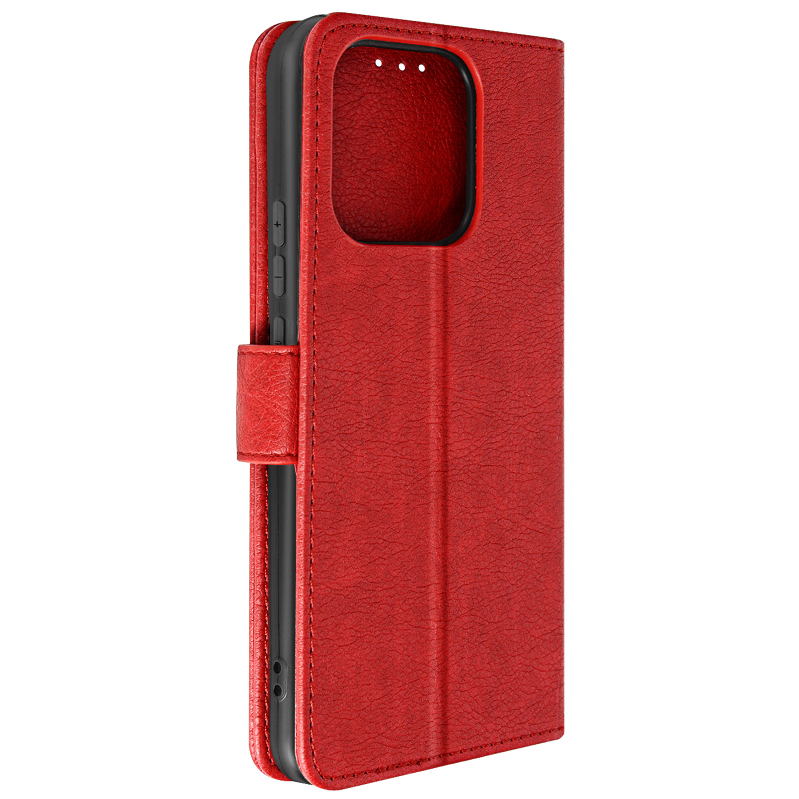Custodia per telefono rossa, chiusa, con un ritaglio per la fotocamera e un interno nero.