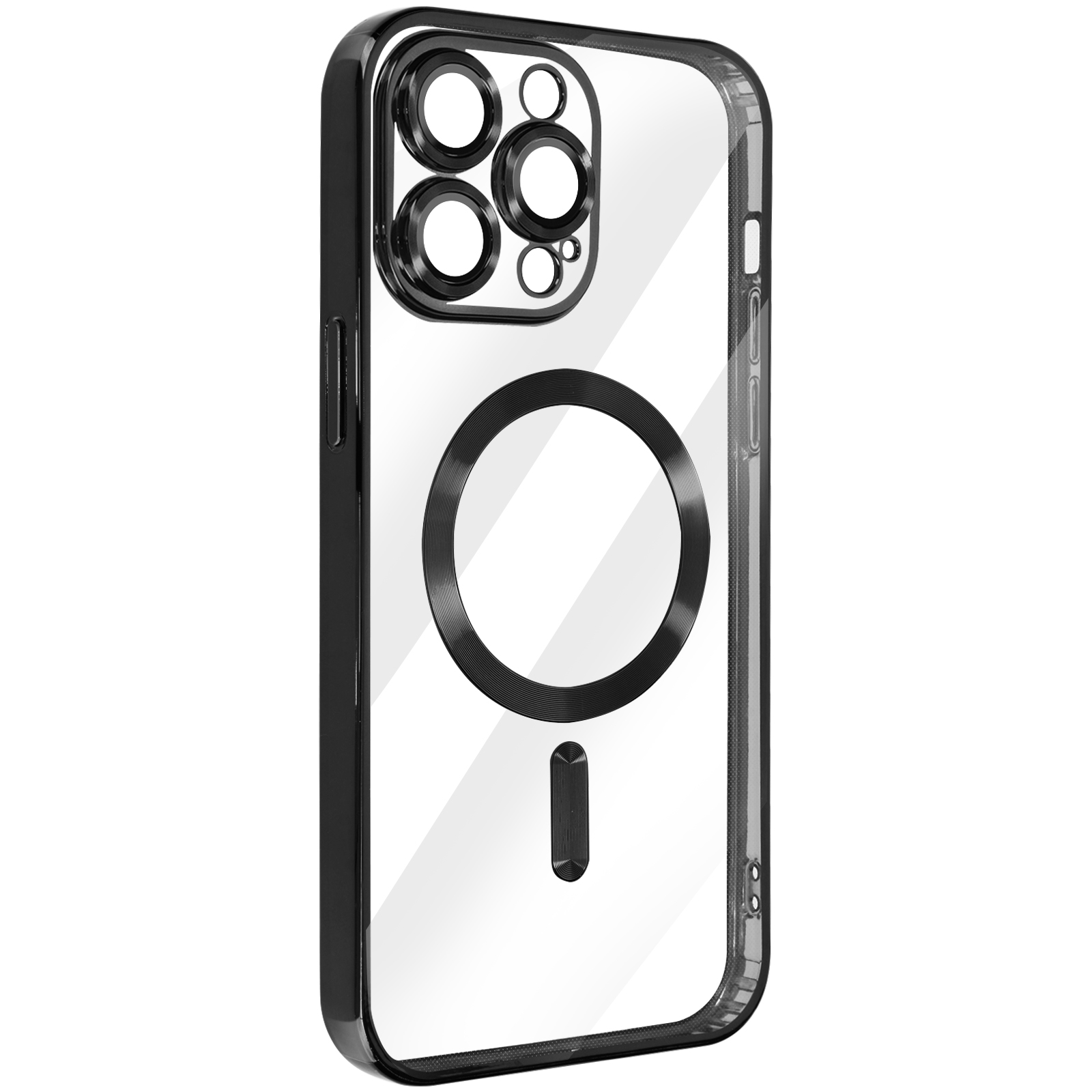 Custodia trasparente per telefono con cornice nera e anello magnetico.