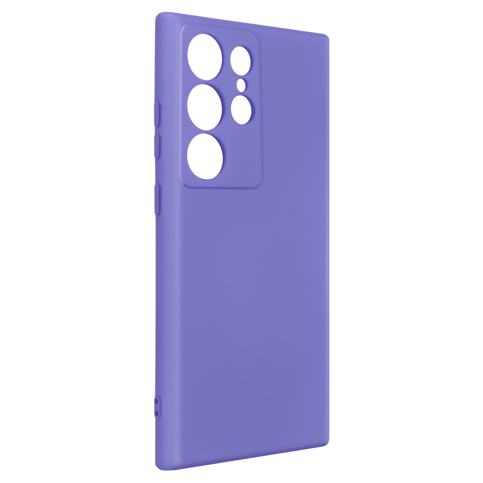 Una custodia per telefono lilla con un colore liscio e uniforme. Ha ritagli per fotocamera e pulsanti.
