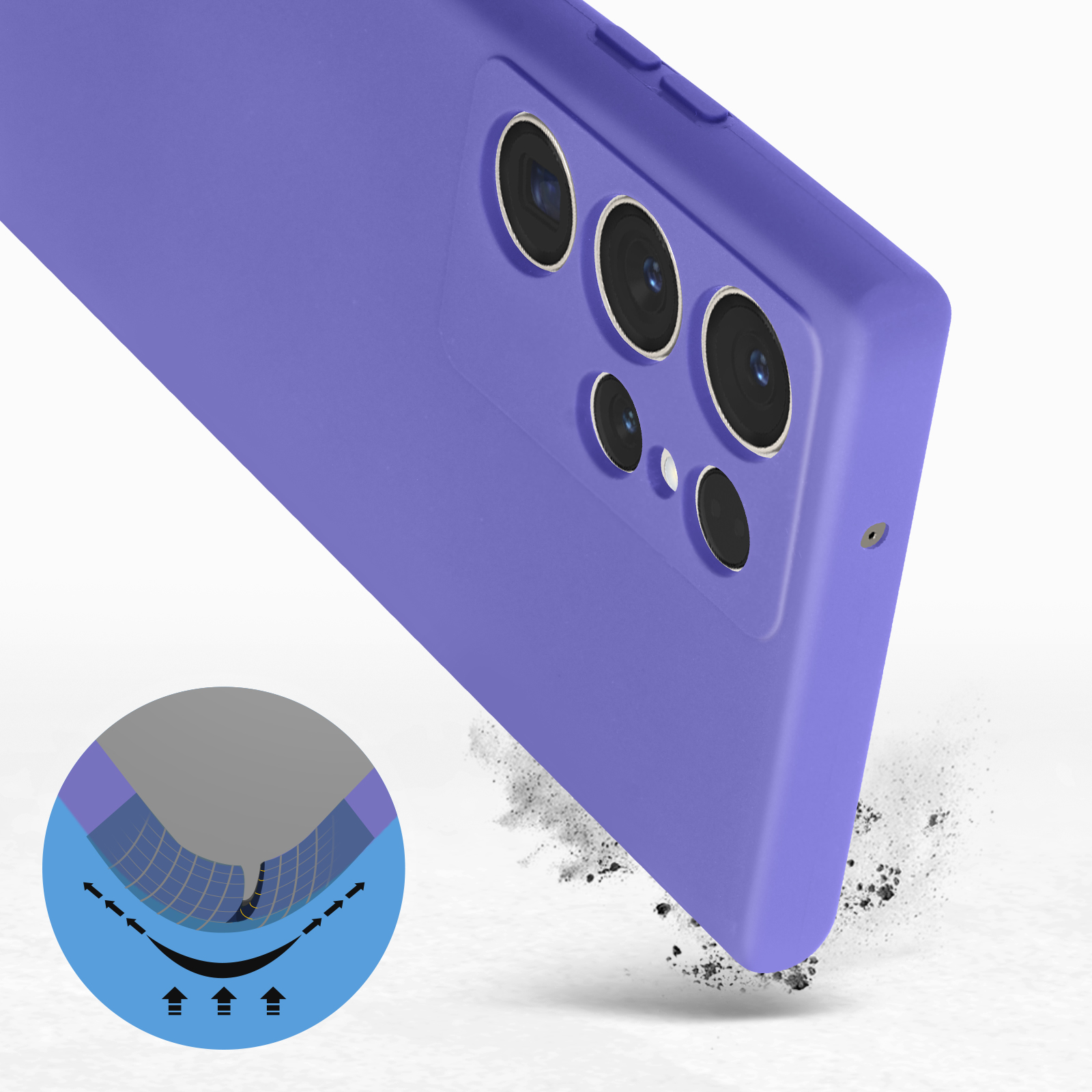 Custodia viola con fori per fotocamera, piccolo effetto particellare nell'angolo in basso.