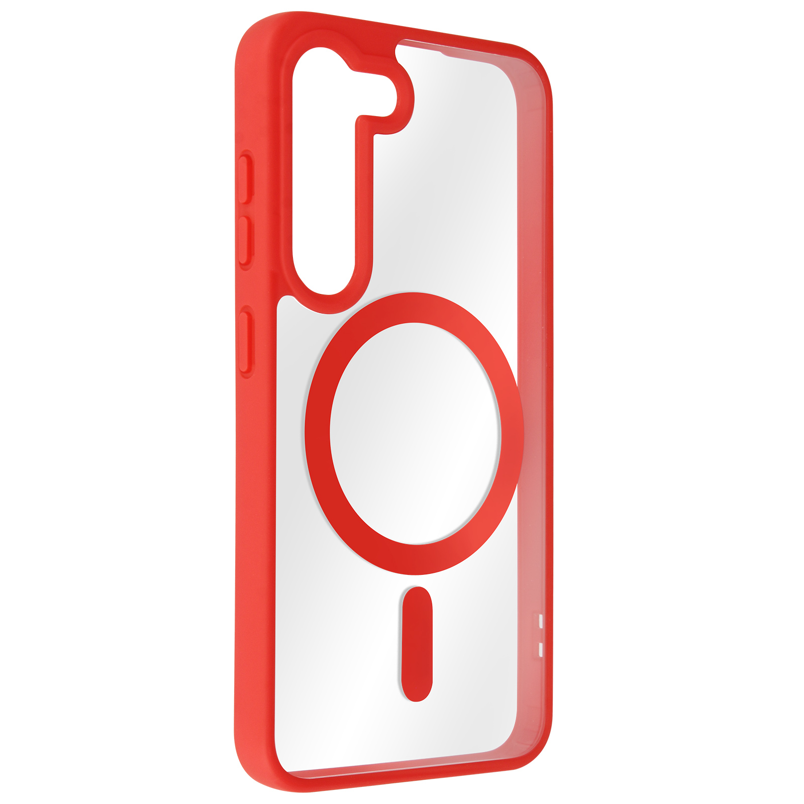 Una custodia rossa per telefono con retro trasparente e un magnete circolare.