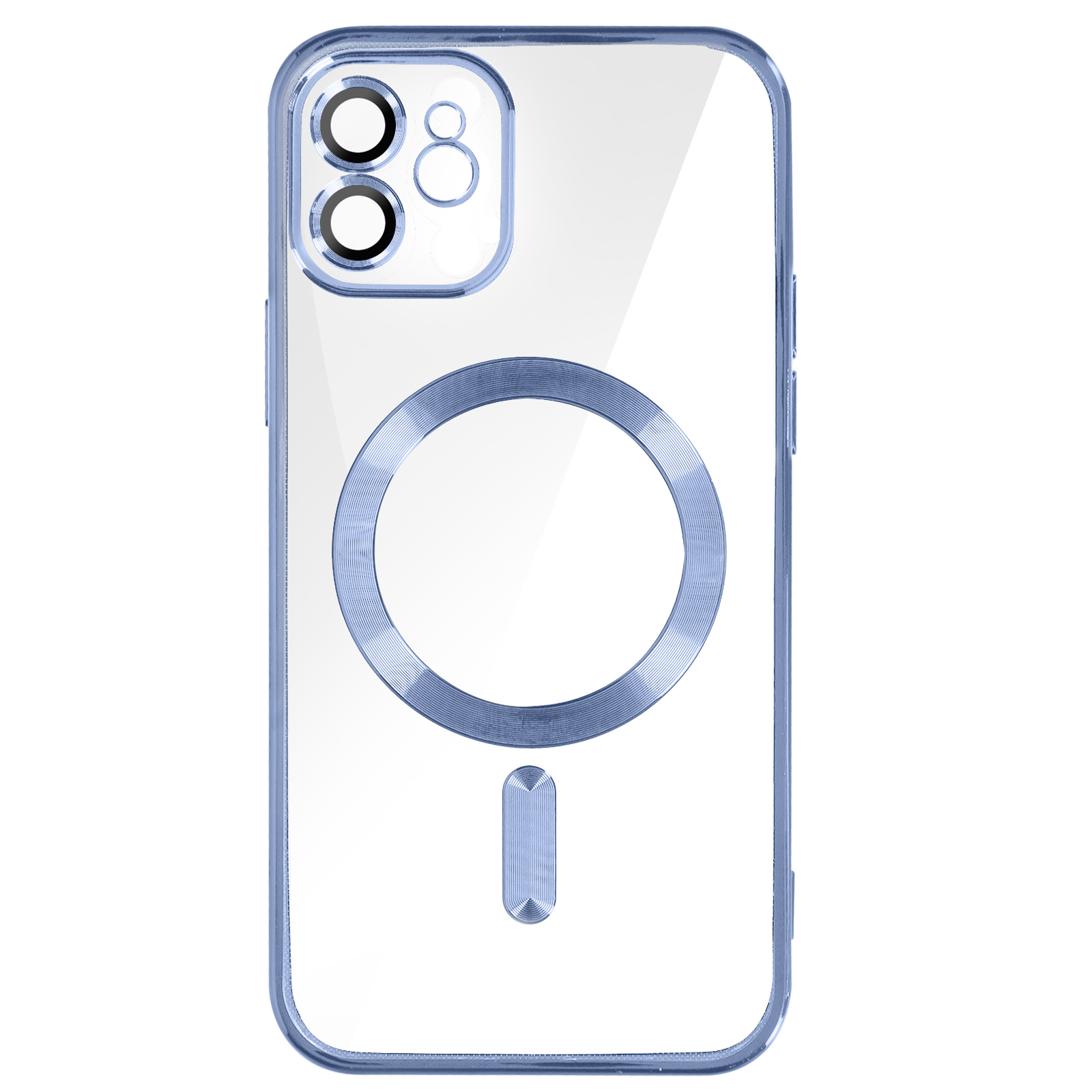 Una custodia trasparente per telefono con dettagli blu. Contiene un anello e un attacco magnetico.