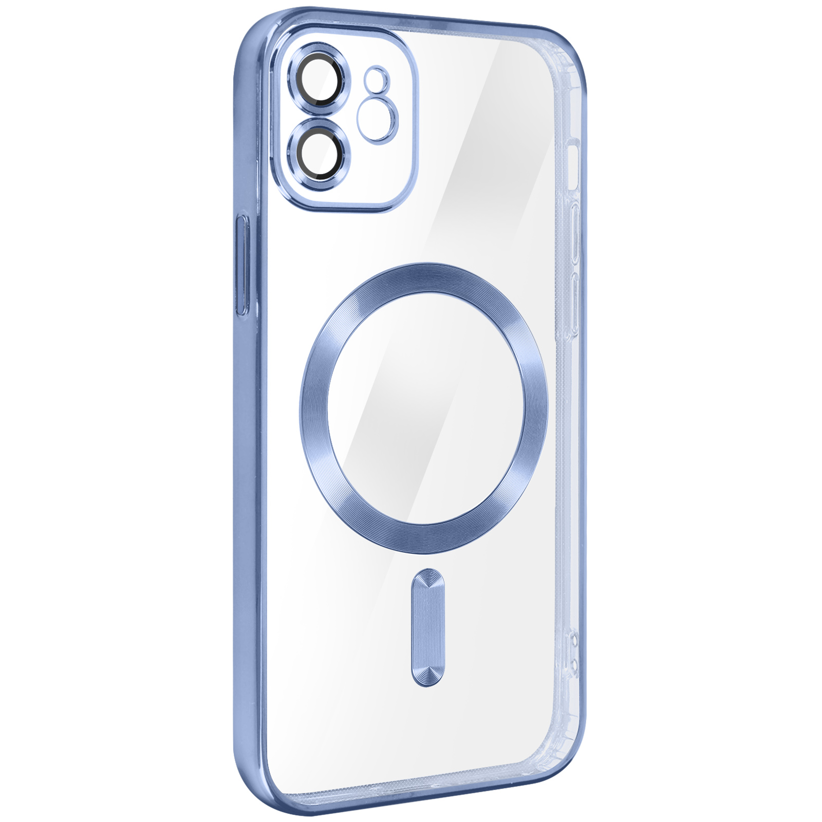 Custodia blu per iPhone con retro trasparente, anello MagSafe blu e un rettangolo.