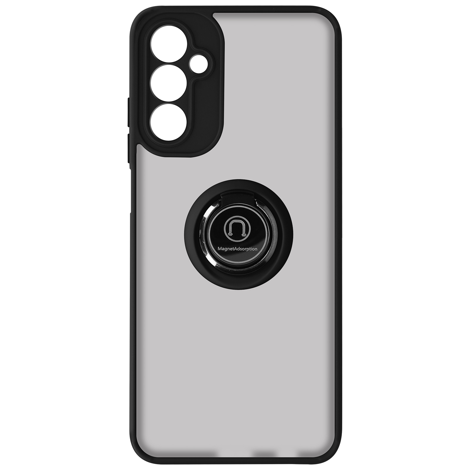Coque de téléphone noire avec anneau au dos. Fond gris.