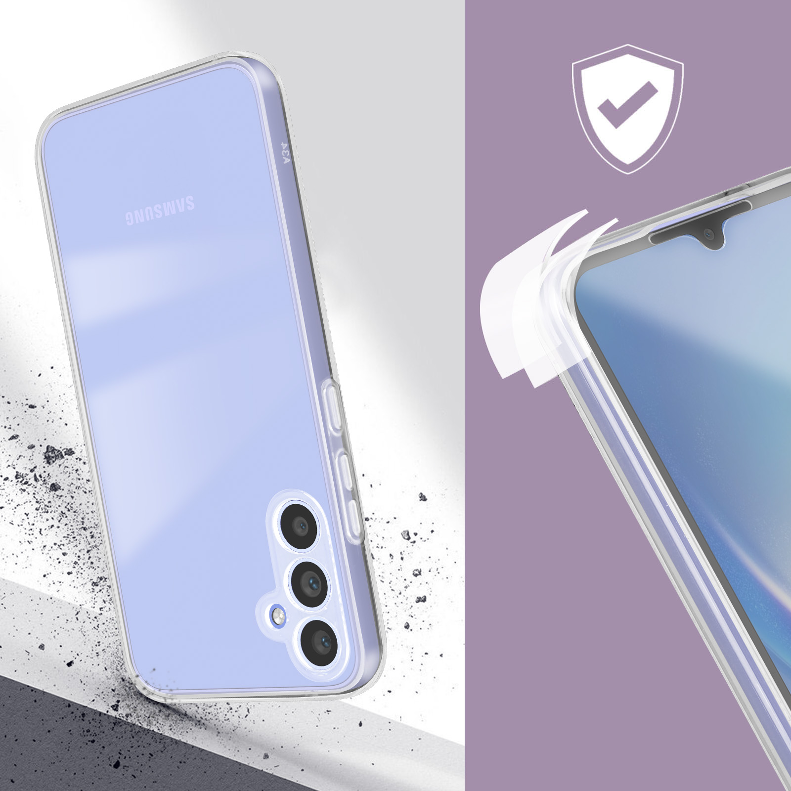 Una custodia trasparente per telefono, che mostra un telefono con retro viola e schermo protettivo.