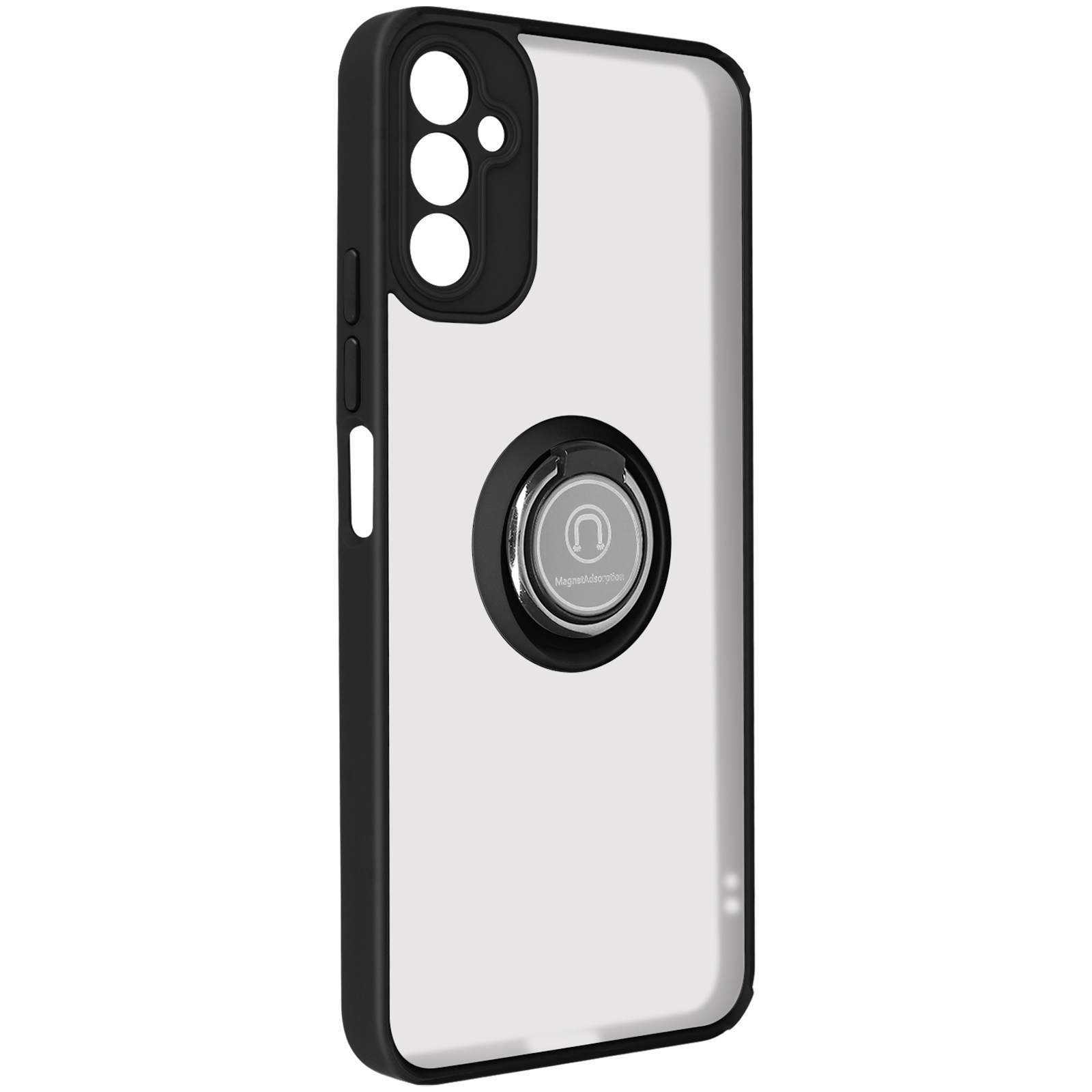 Een zwarte telefoonhoes met een ronde ringhouder en camera-uitsparingen. De achterkant is wit.