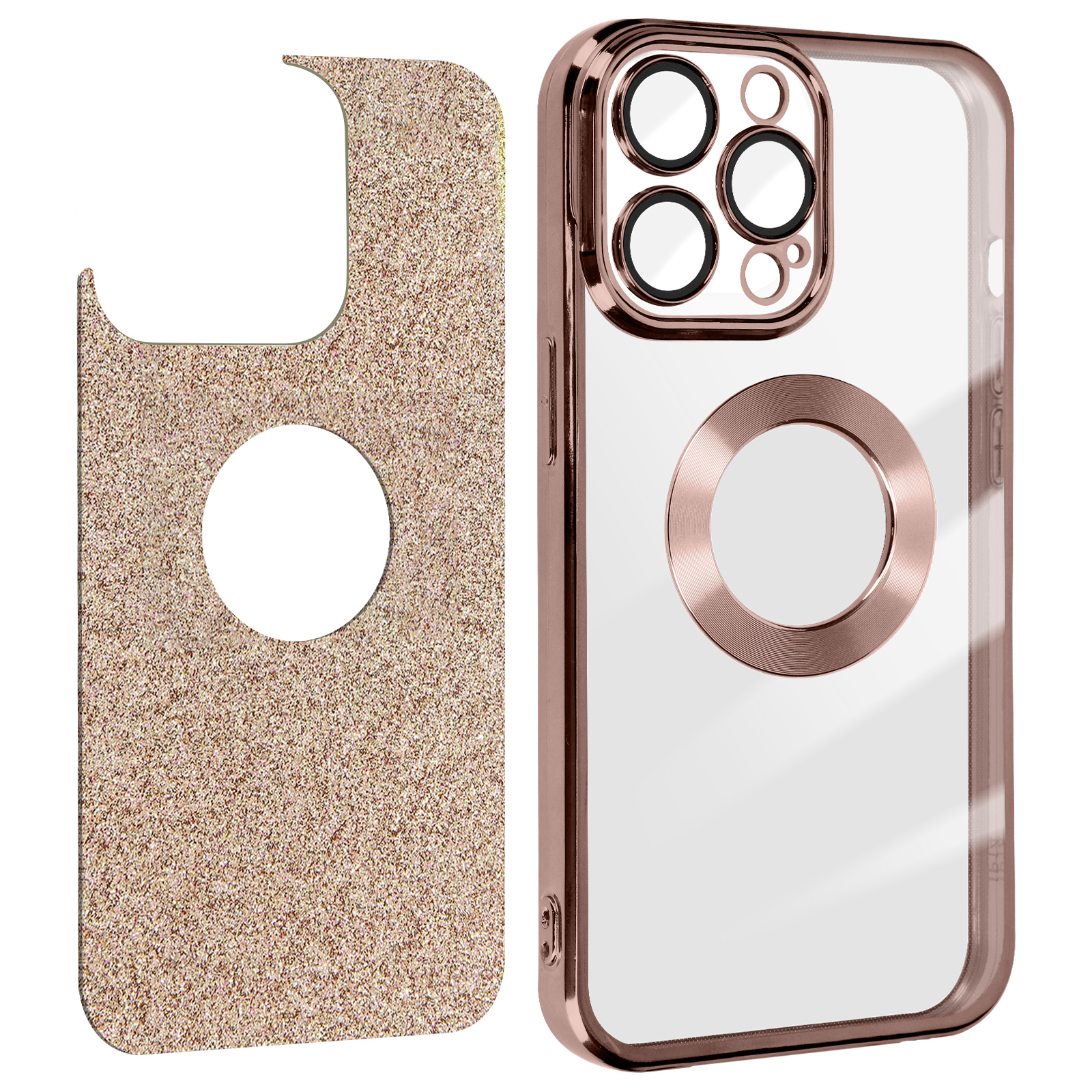 Custodia trasparente per telefono con cornice oro rosa. La custodia ha un retro glitterato e un ritaglio per la fotocamera.
