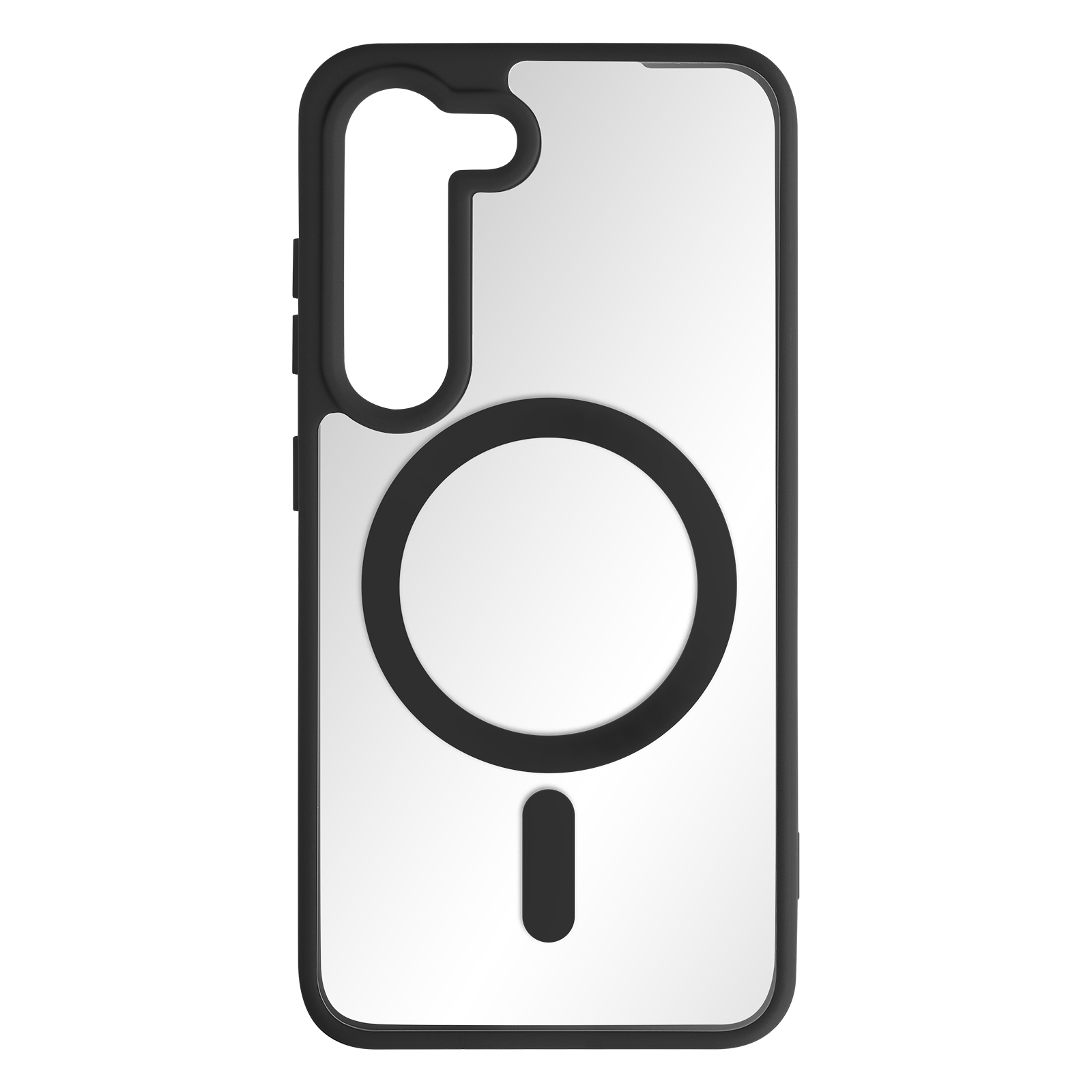 Custodia per telefono in bianco e nero con un cerchio magnetico e un ritaglio per la fotocamera. È una cover posteriore.