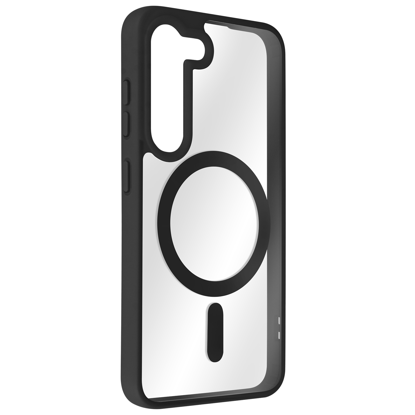 Custodia per telefono nera con retro trasparente ed elemento MagSafe circolare. Vista laterale.