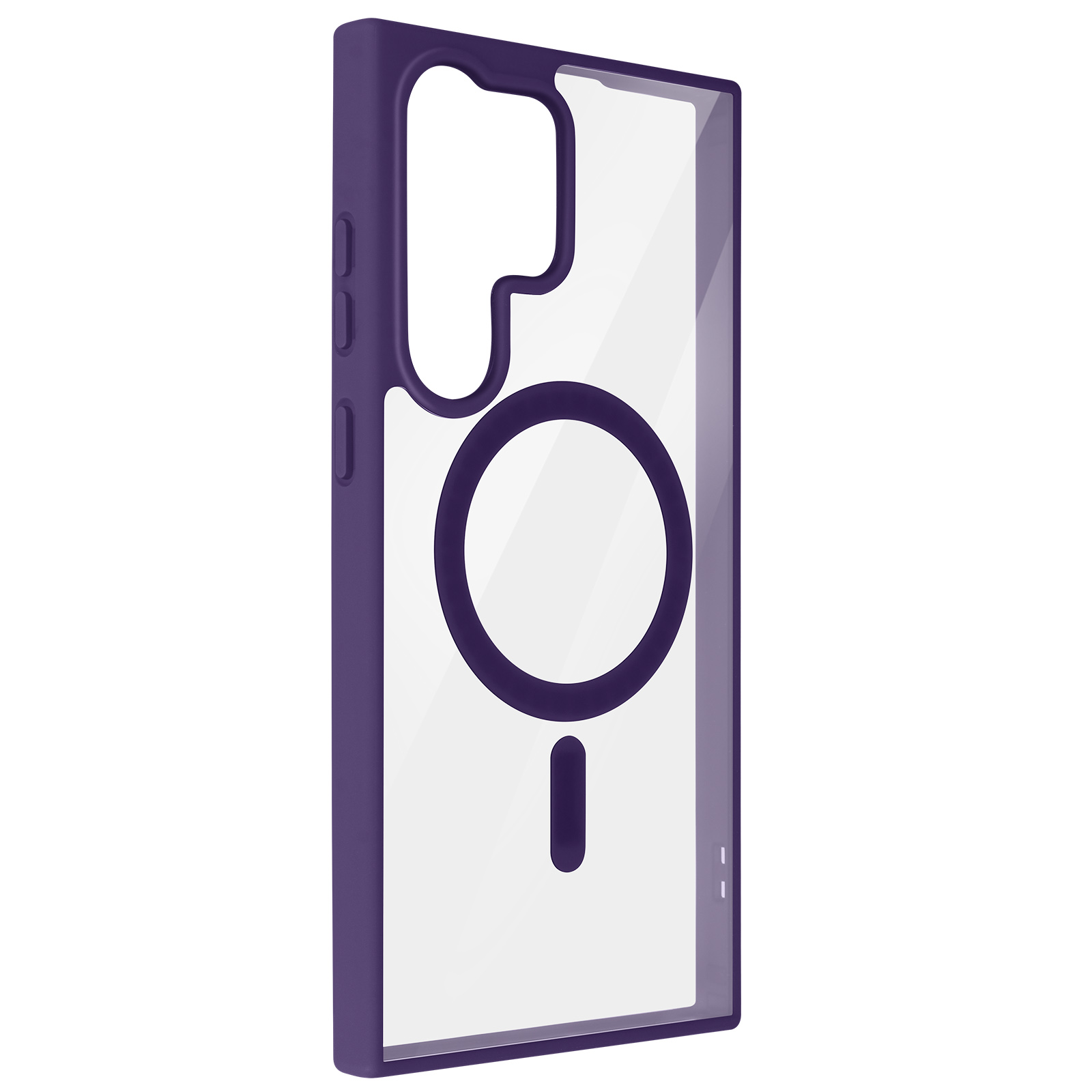 Custodia per telefono viola con retro trasparente e anello magnetico circolare. La custodia è vuota.