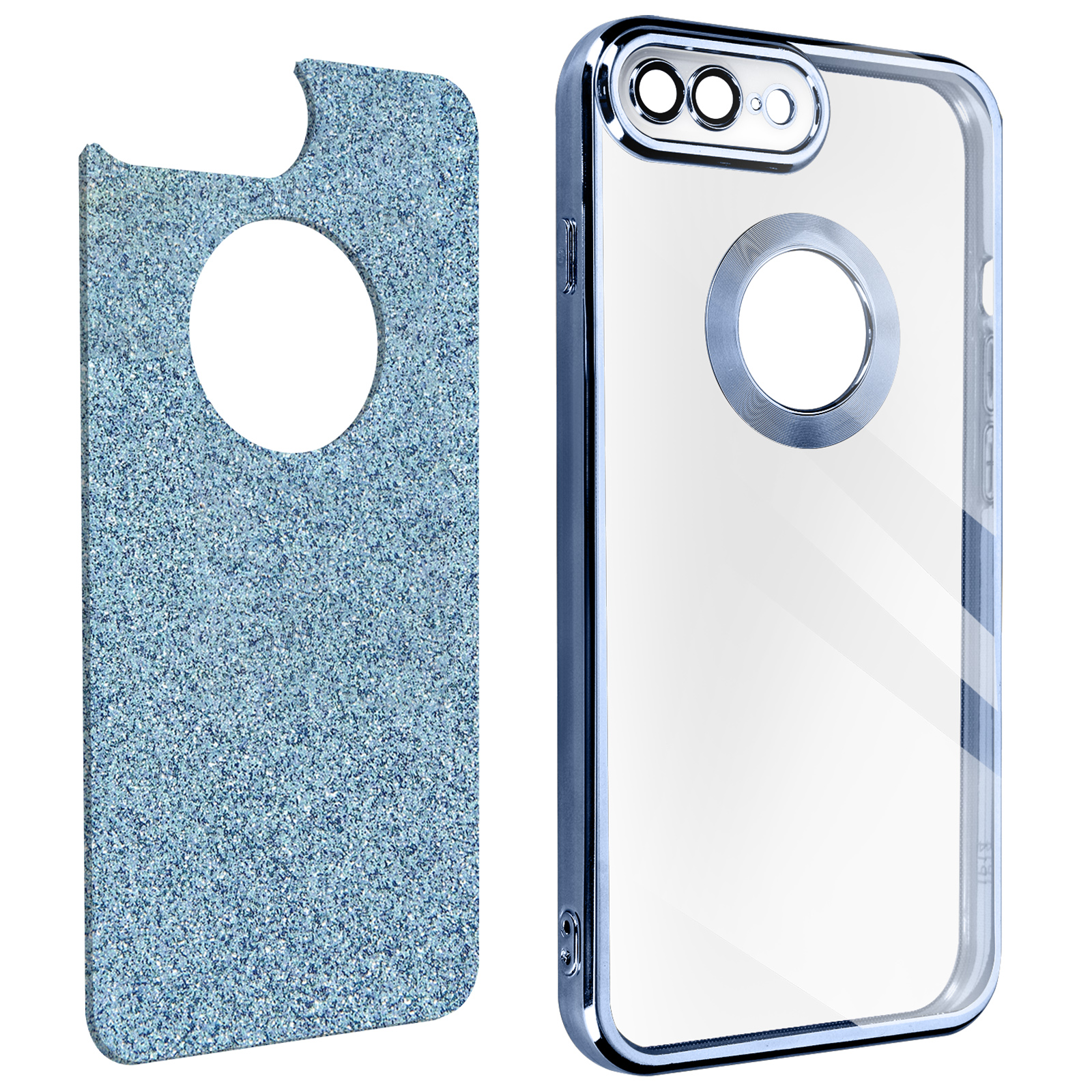 Custodia trasparente per telefono con bordo blu accanto a una skin blu maculata.